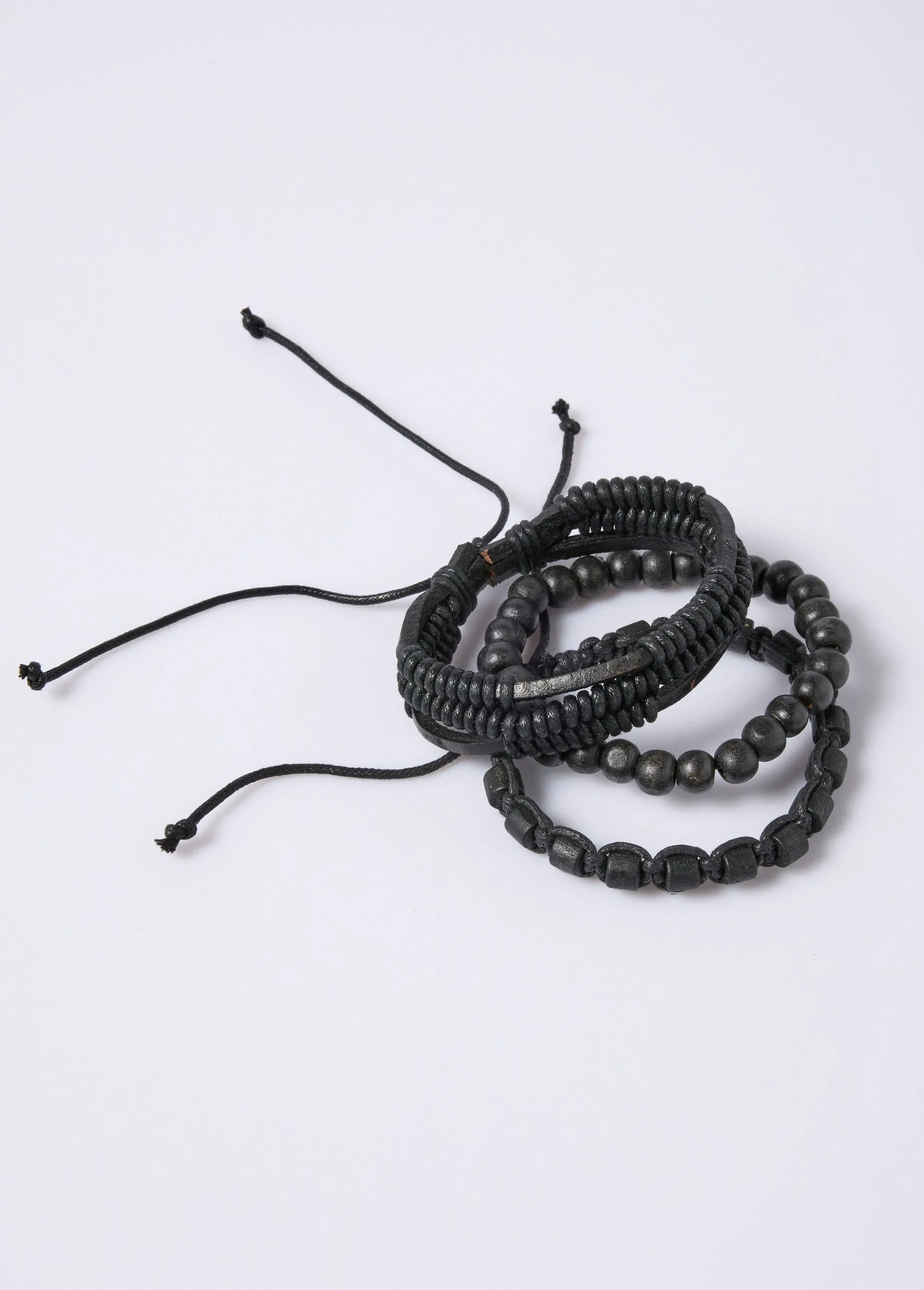 Leather, rope and wooden bead bracelets