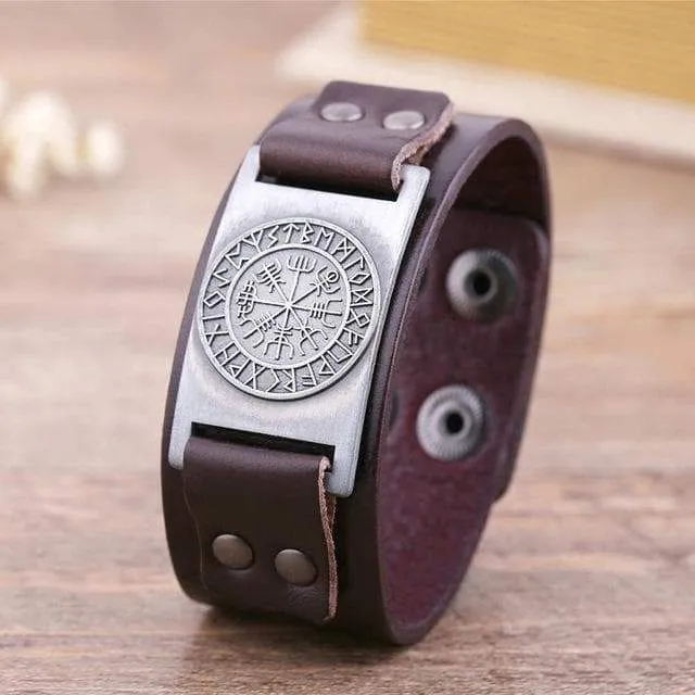 Leather Viking Vegvisir Bracelet