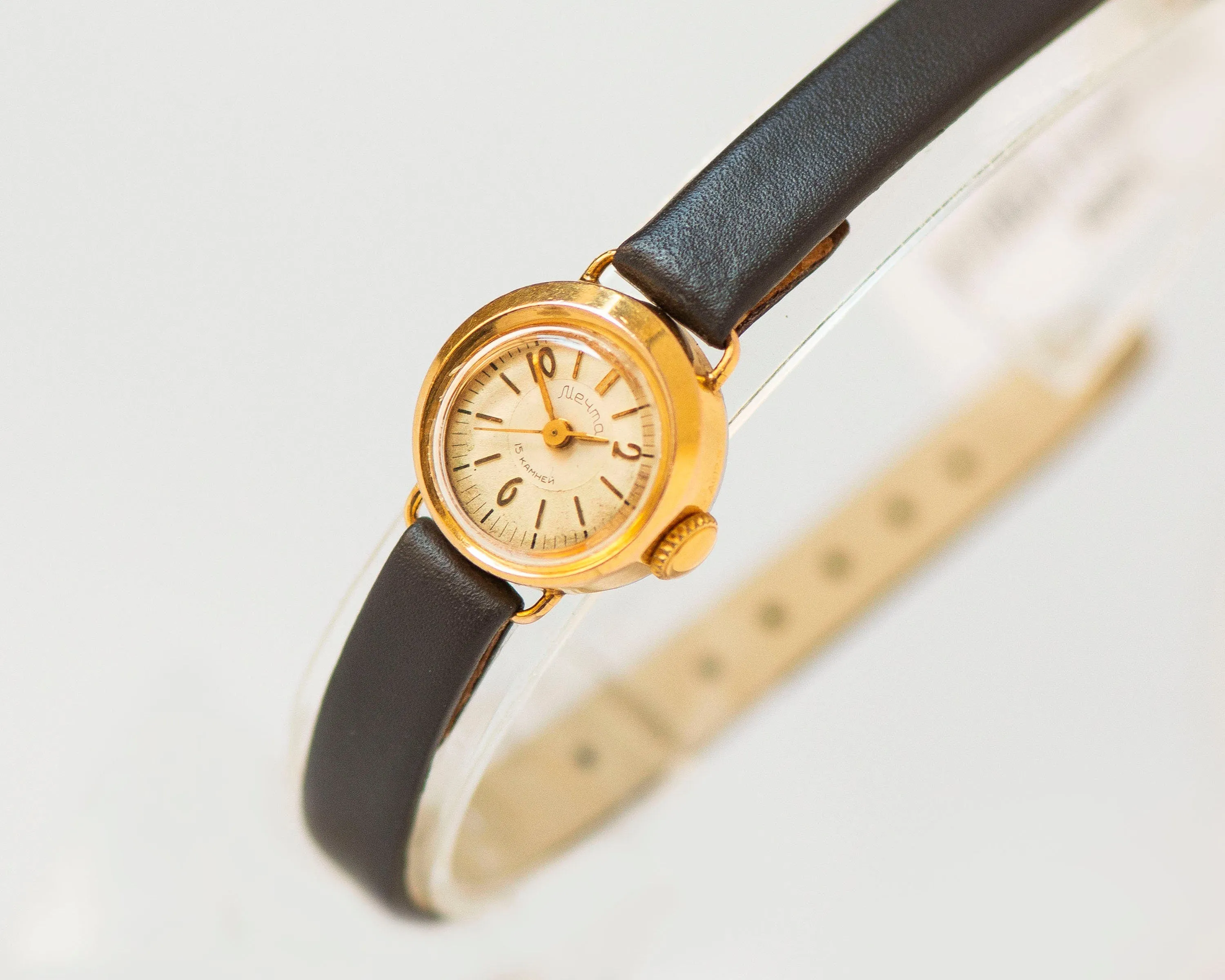 Limited edition women watch Dream gold plated, delicate round lady micro watch, retro female timepiece gift unique, new genuine leather band