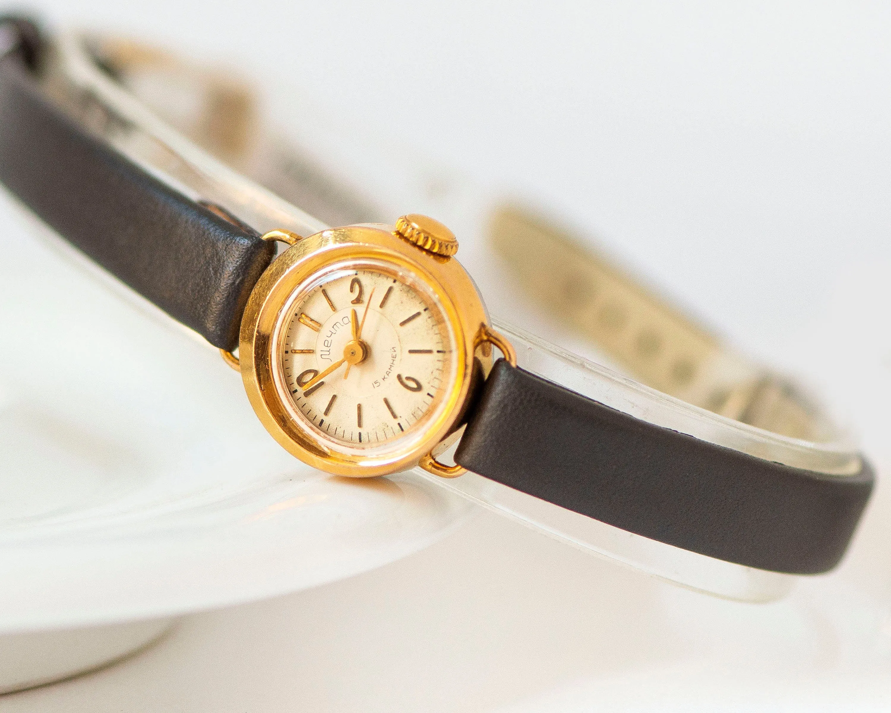 Limited edition women watch Dream gold plated, delicate round lady micro watch, retro female timepiece gift unique, new genuine leather band