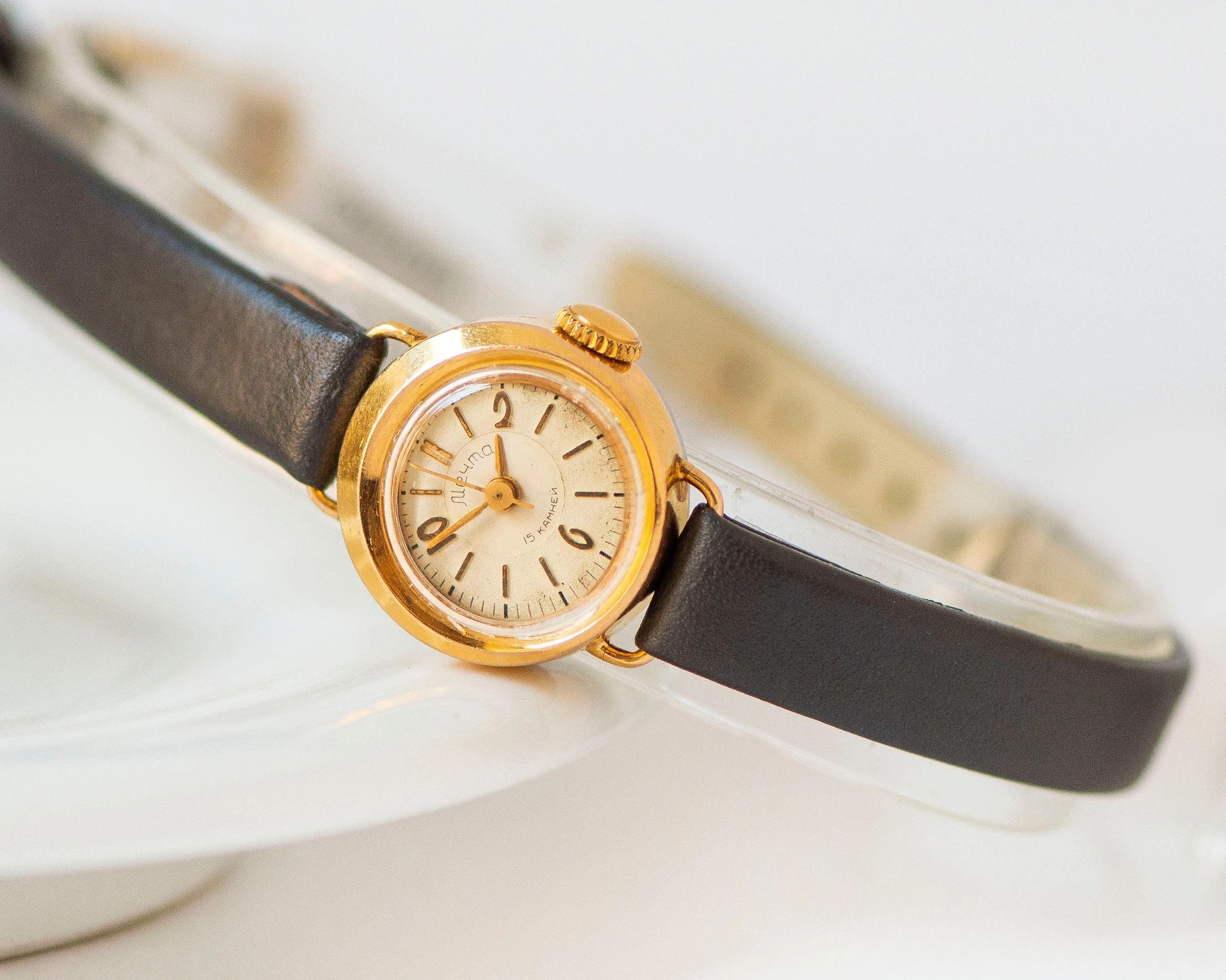 Limited edition women watch Dream gold plated, delicate round lady micro watch, retro female timepiece gift unique, new genuine leather band
