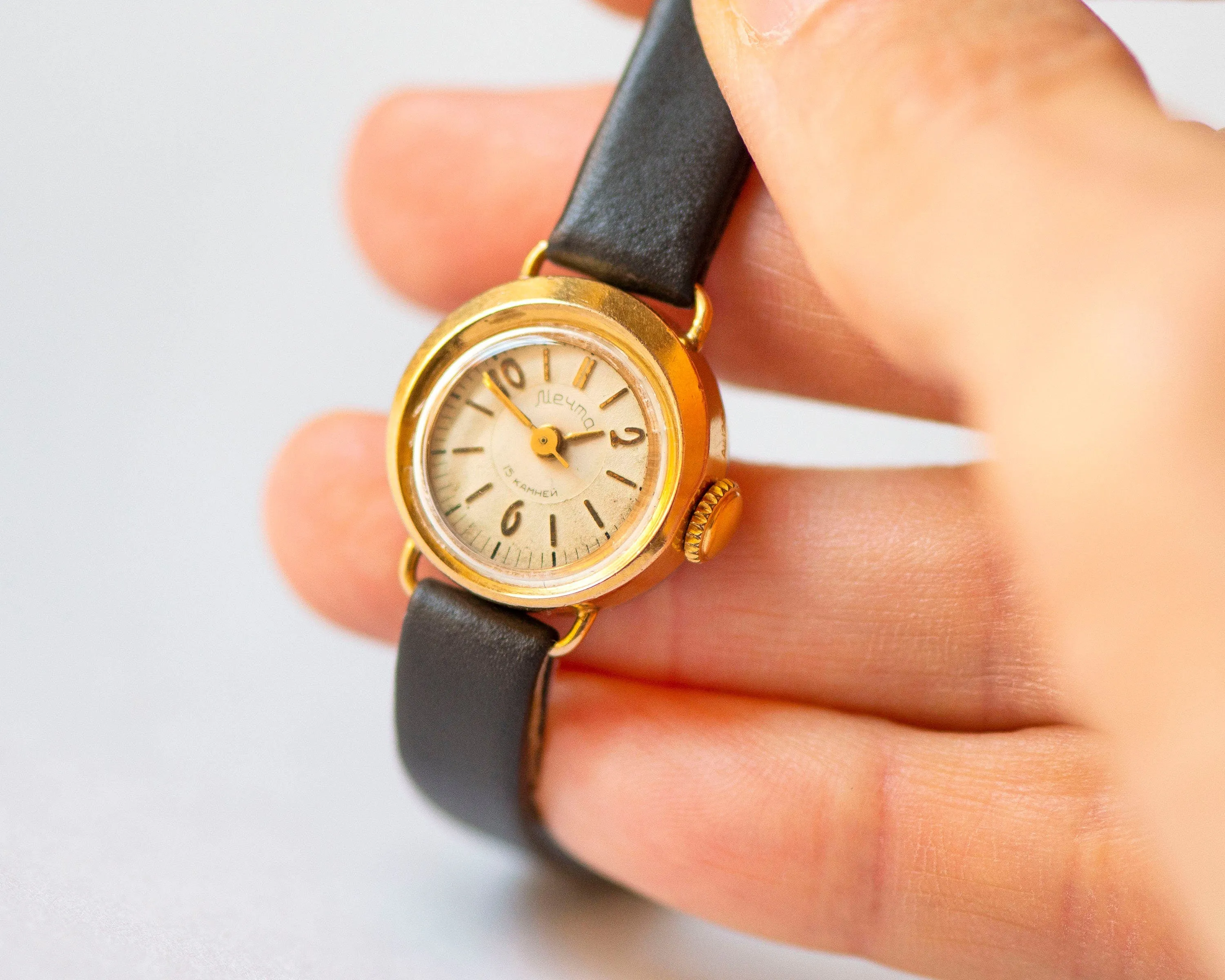 Limited edition women watch Dream gold plated, delicate round lady micro watch, retro female timepiece gift unique, new genuine leather band
