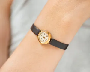 Limited edition women watch Dream gold plated, delicate round lady micro watch, retro female timepiece gift unique, new genuine leather band