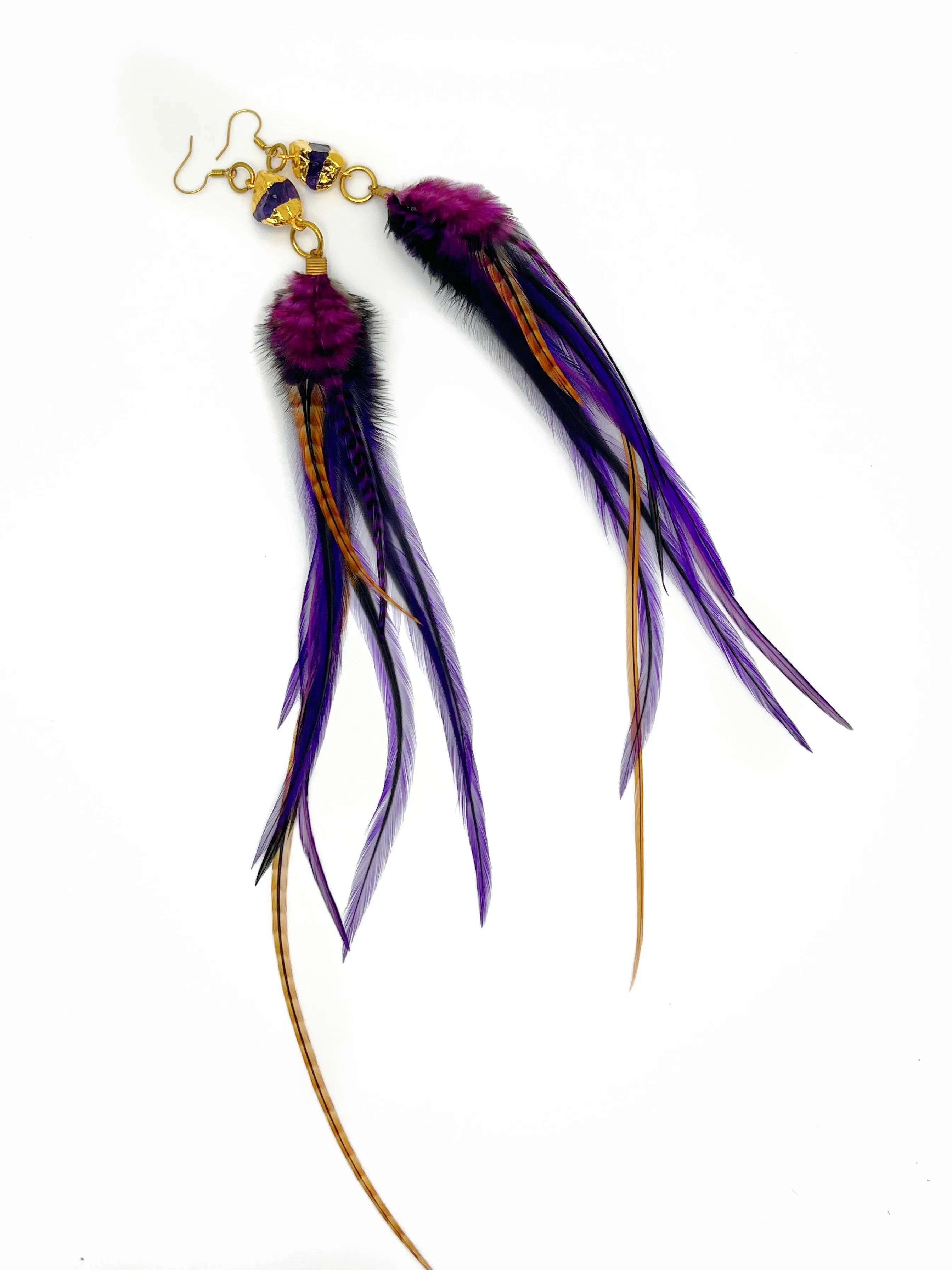 Long Bohemian Feather & Gemstone Earrings - Gold Dipped Amethyst