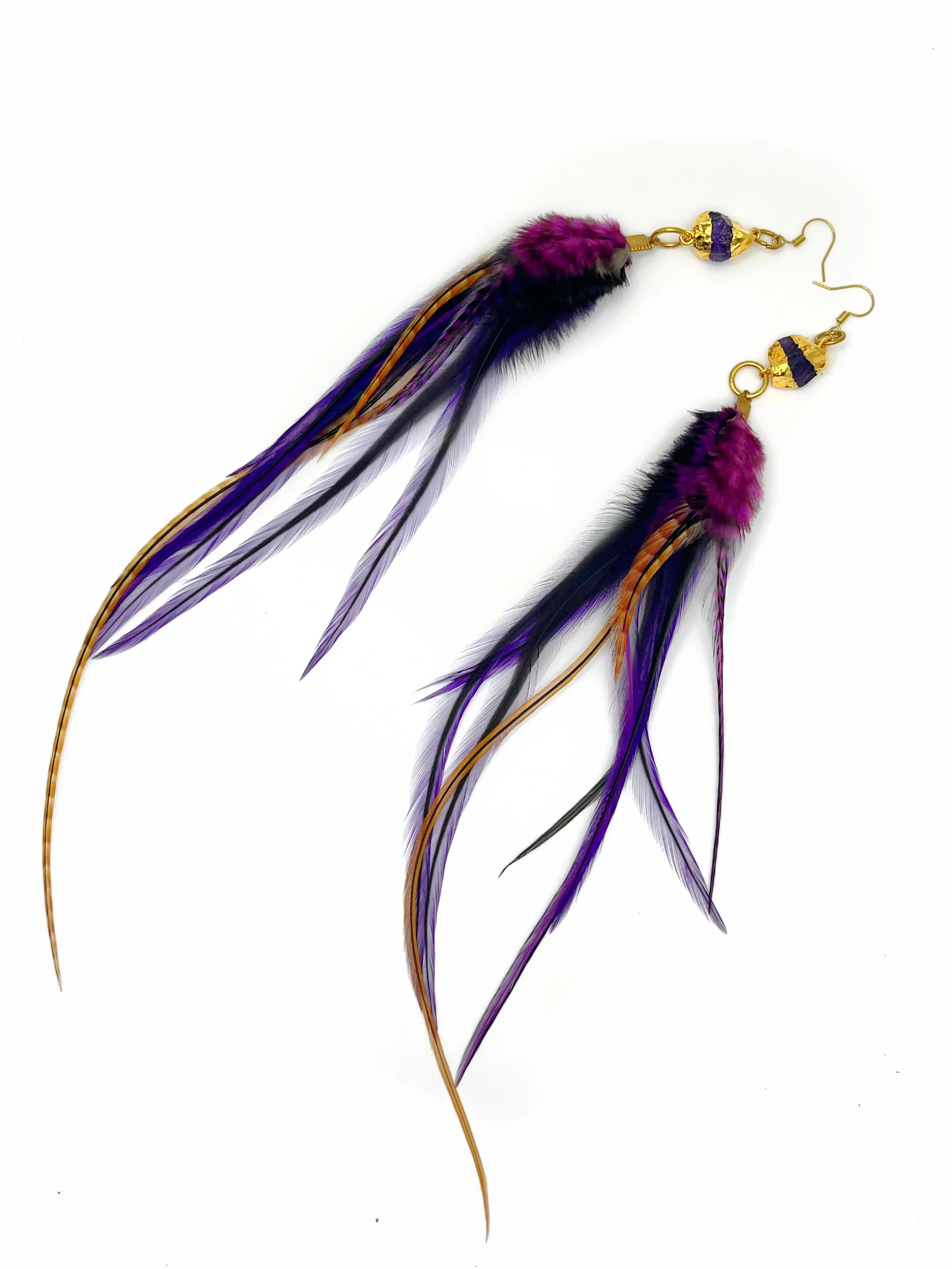 Long Bohemian Feather & Gemstone Earrings - Gold Dipped Amethyst