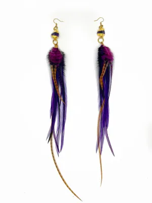 Long Bohemian Feather & Gemstone Earrings - Gold Dipped Amethyst