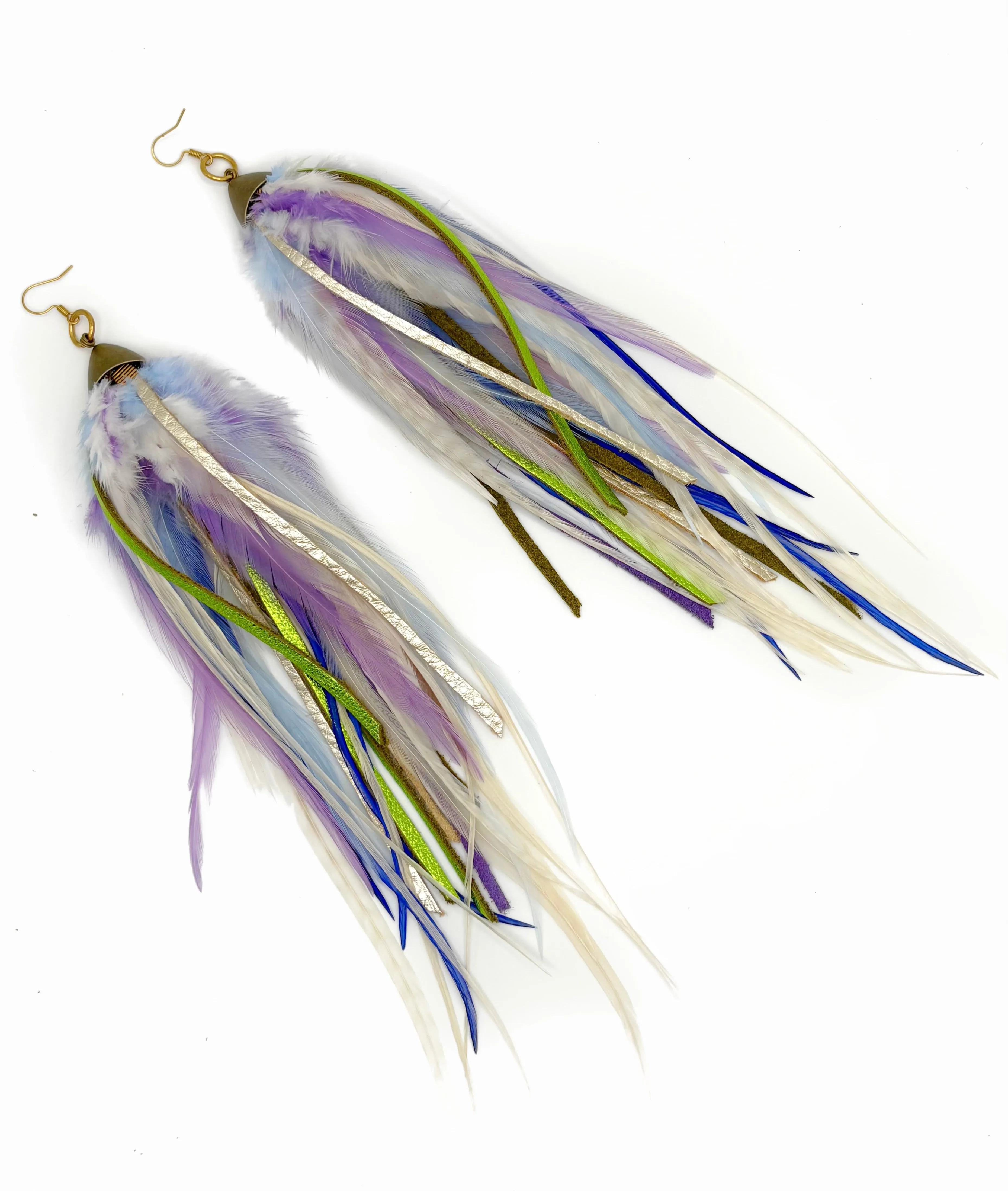 Long Bohemian Feather & Leather Earrings - Lavender Dreams
