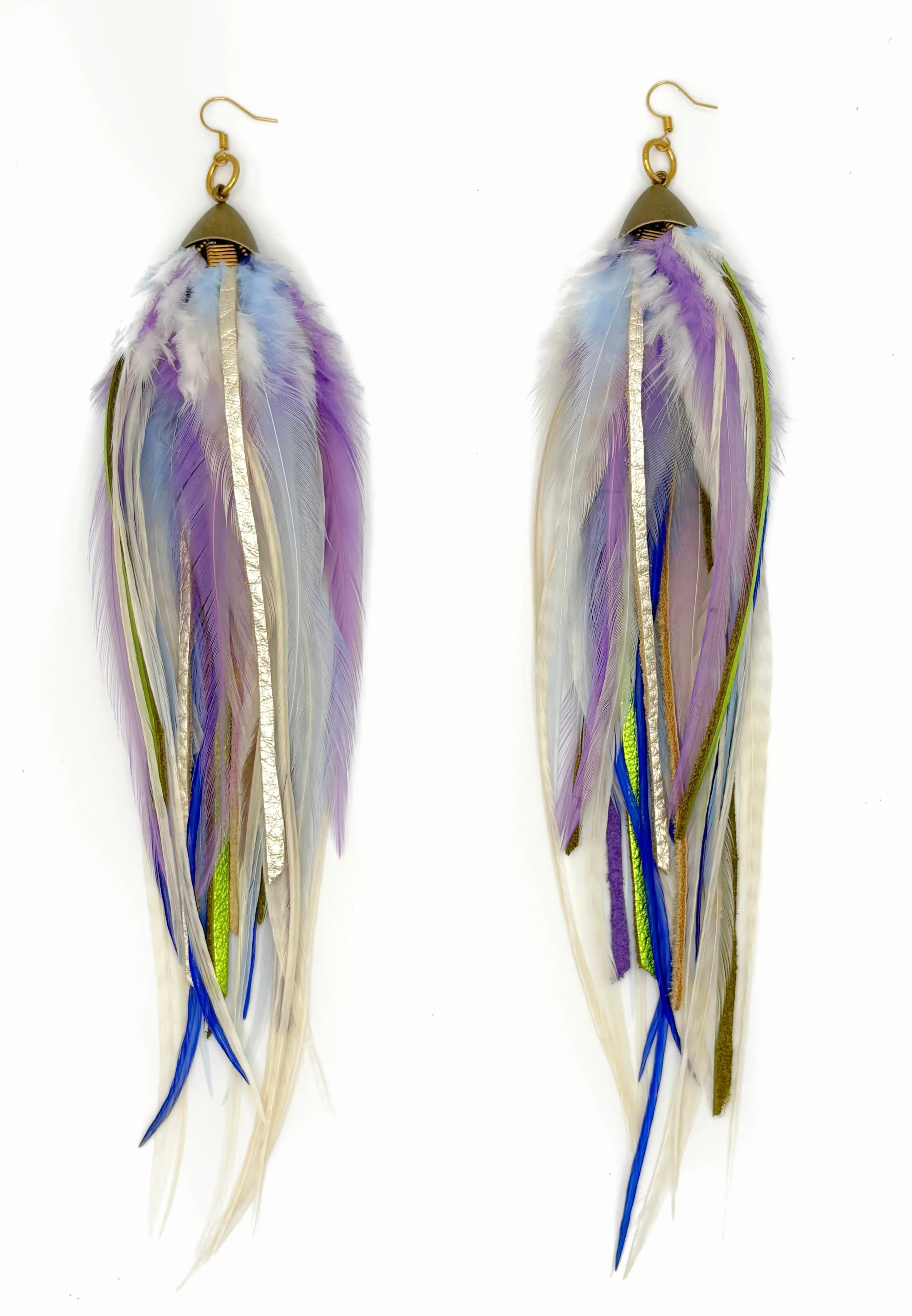 Long Bohemian Feather & Leather Earrings - Lavender Dreams