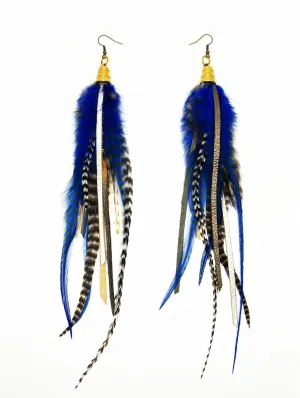 Long Feather & Leather Earrings with Bronze Pendant -Blue Horizons