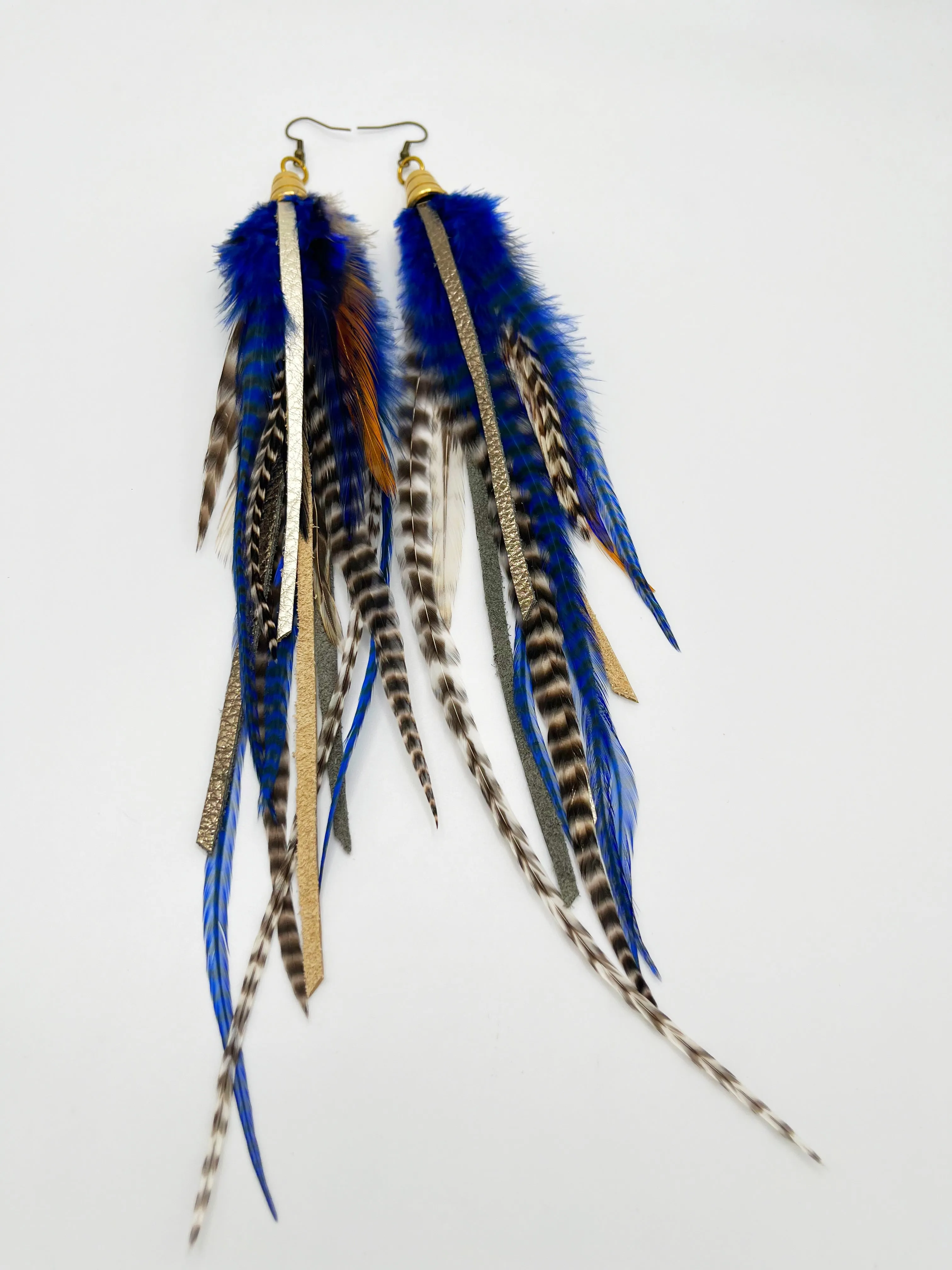 Long Feather & Leather Earrings with Bronze Pendant -Blue Horizons