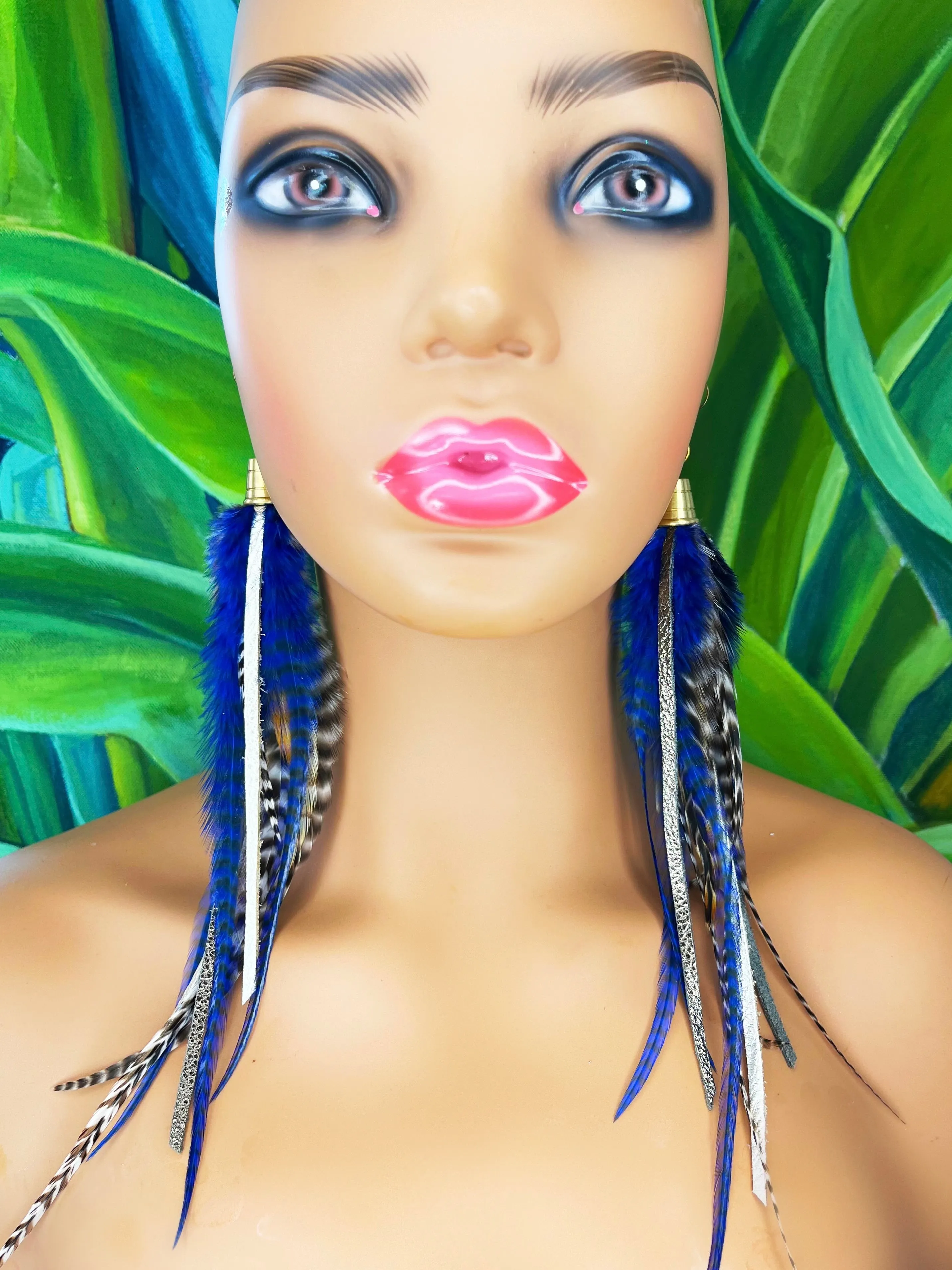 Long Feather & Leather Earrings with Bronze Pendant -Blue Horizons