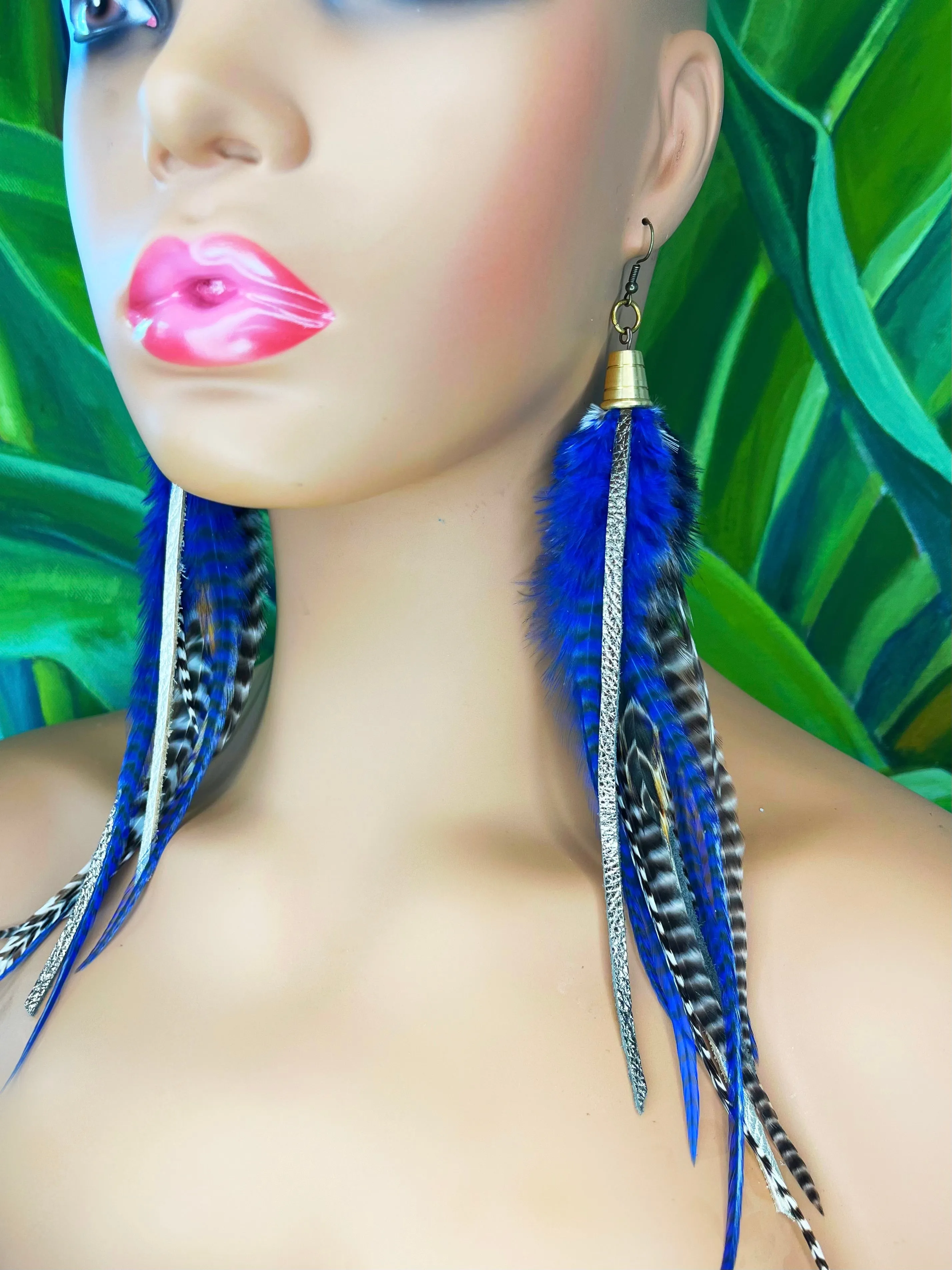 Long Feather & Leather Earrings with Bronze Pendant -Blue Horizons
