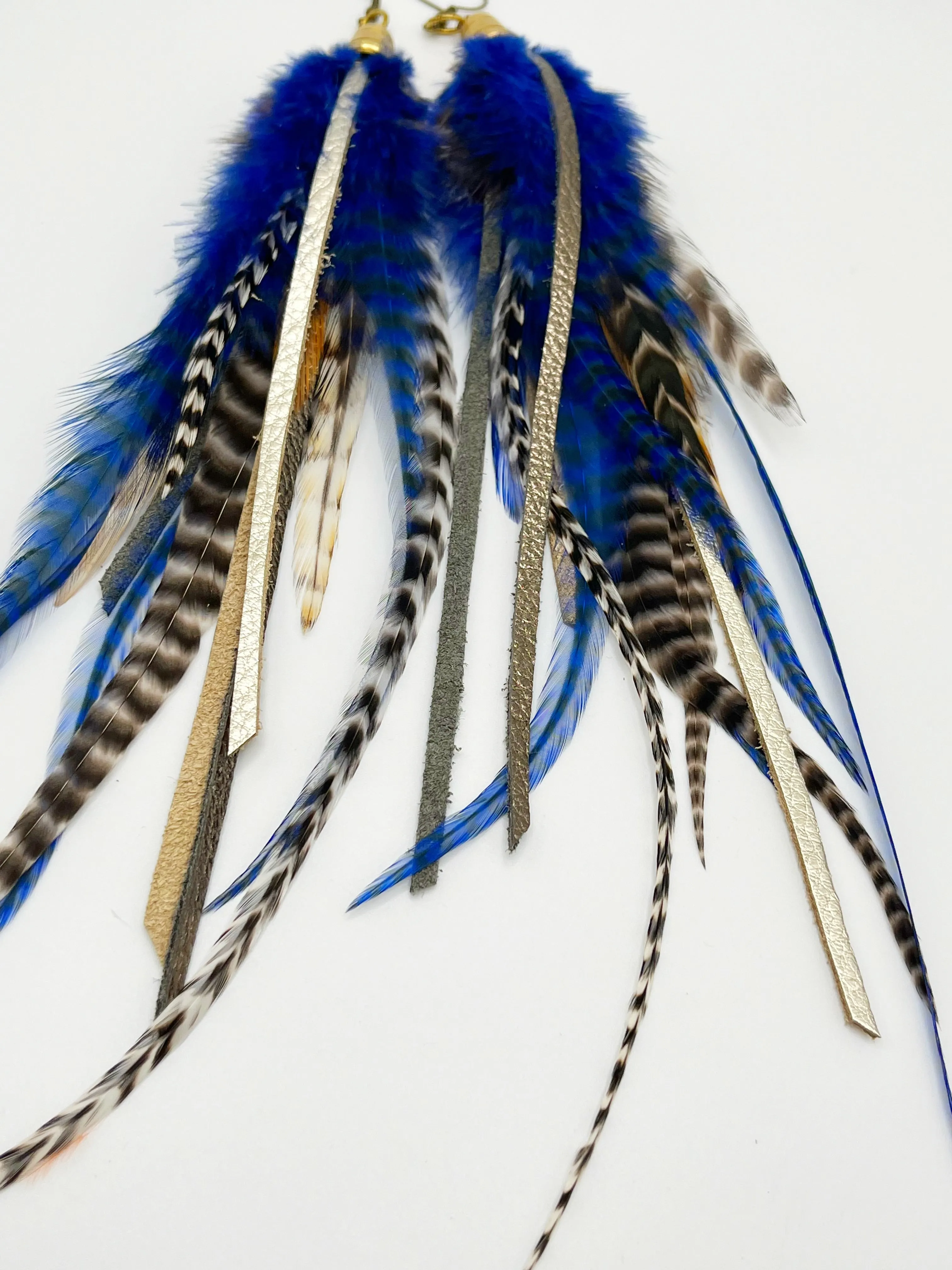 Long Feather & Leather Earrings with Bronze Pendant -Blue Horizons