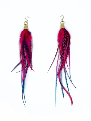 Long Feather Earrings - Magenta Blues