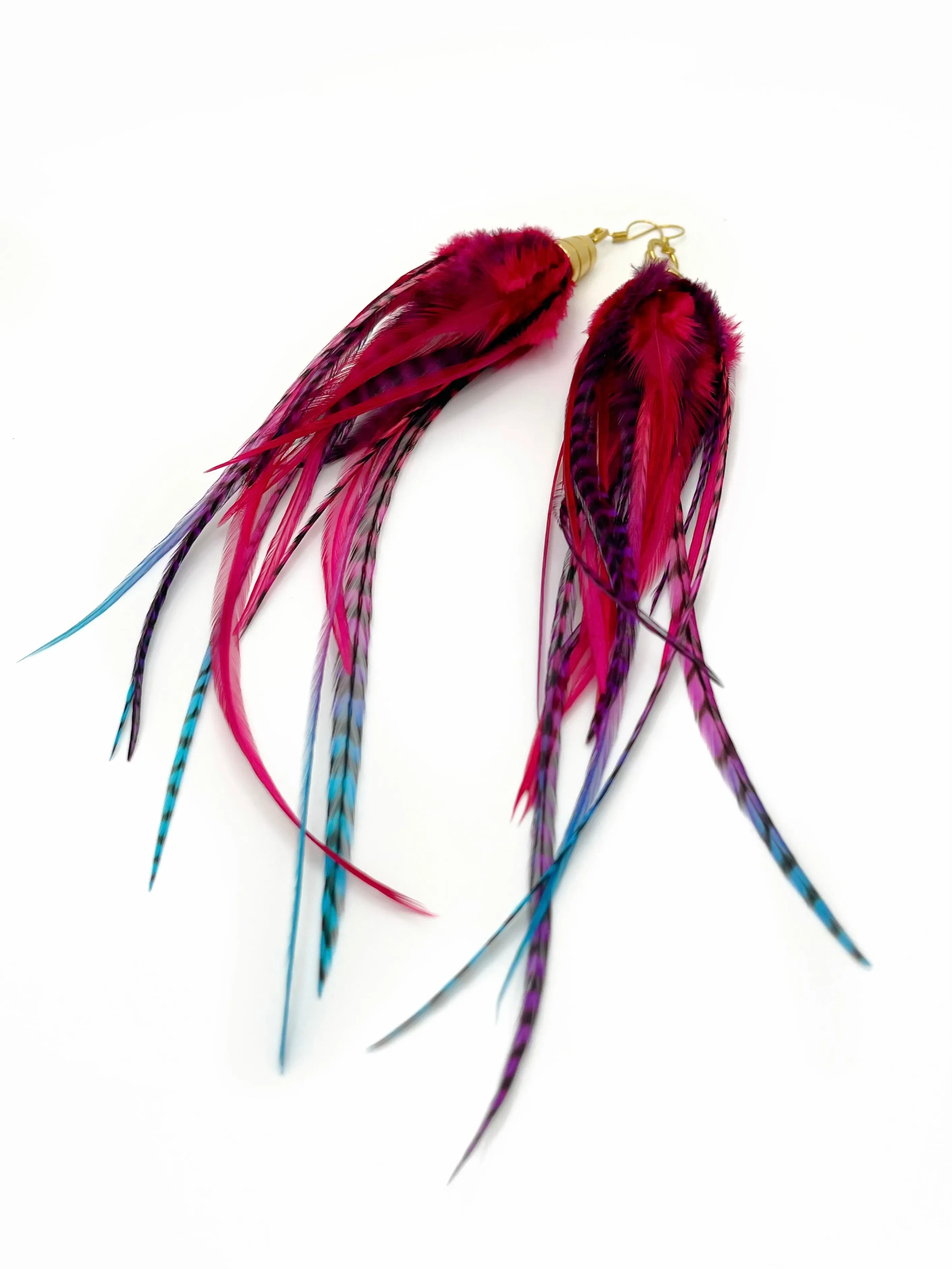 Long Feather Earrings - Magenta Blues