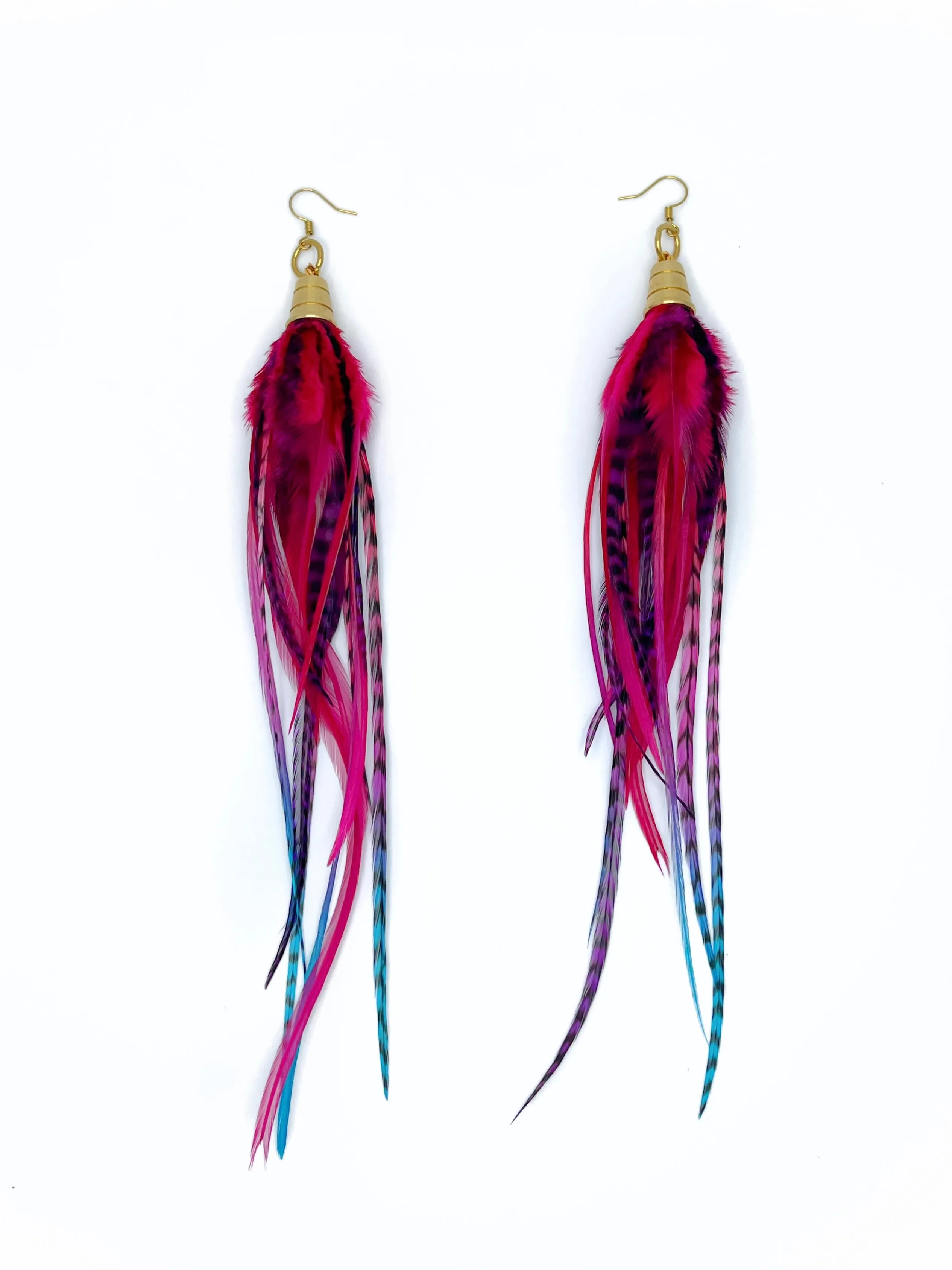 Long Feather Earrings - Magenta Blues