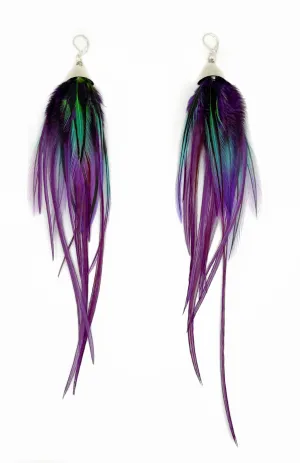 Long Feather Earrings - Purple Drops