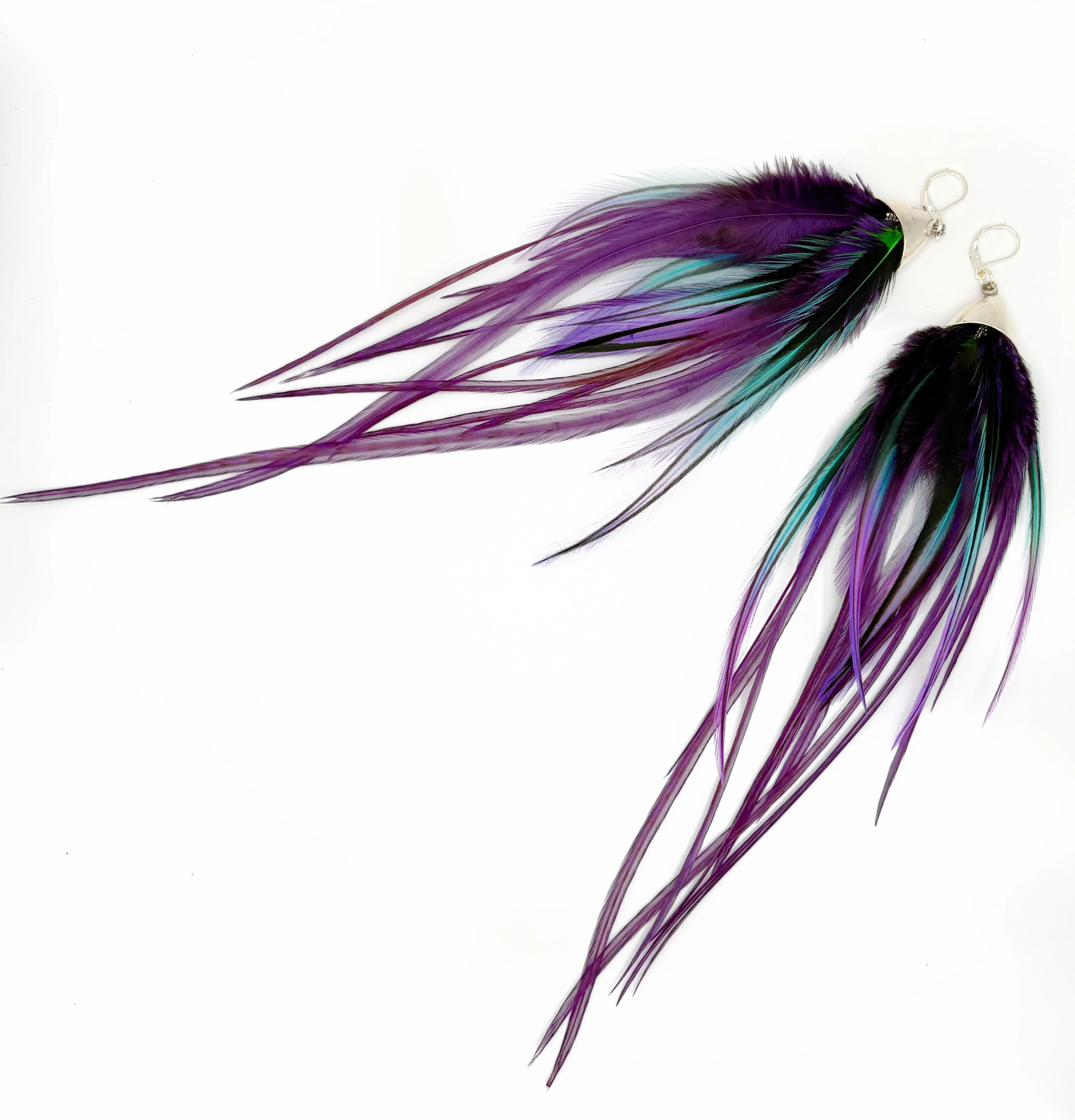Long Feather Earrings - Purple Drops