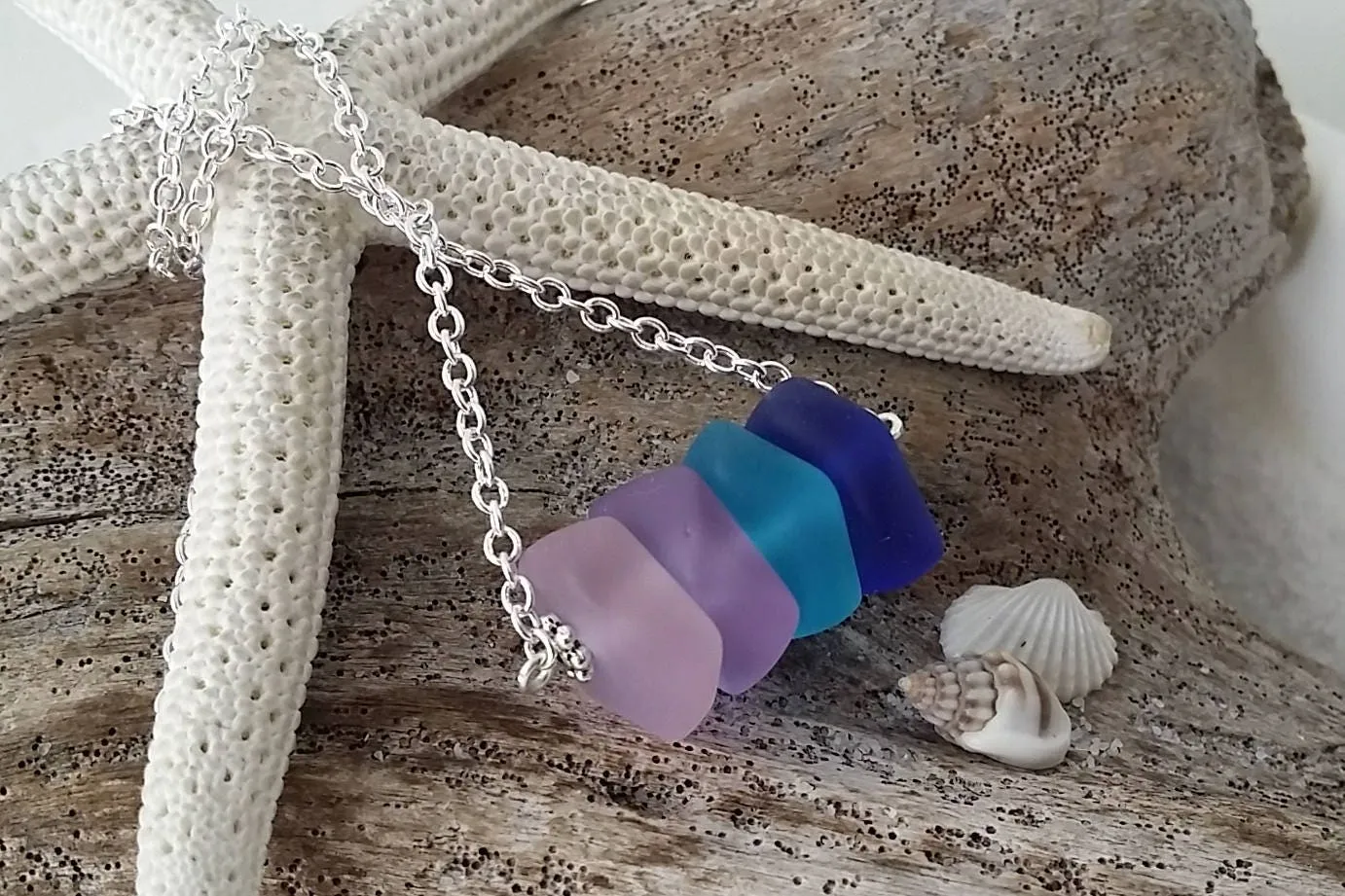 Made in Hawaii, Pink purple  blue cobalt sea glass necklace ,Beach glass necklace,  gift box, Beach jewelry gift.