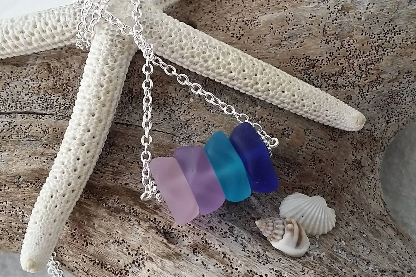 Made in Hawaii, Pink purple  blue cobalt sea glass necklace ,Beach glass necklace,  gift box, Beach jewelry gift.