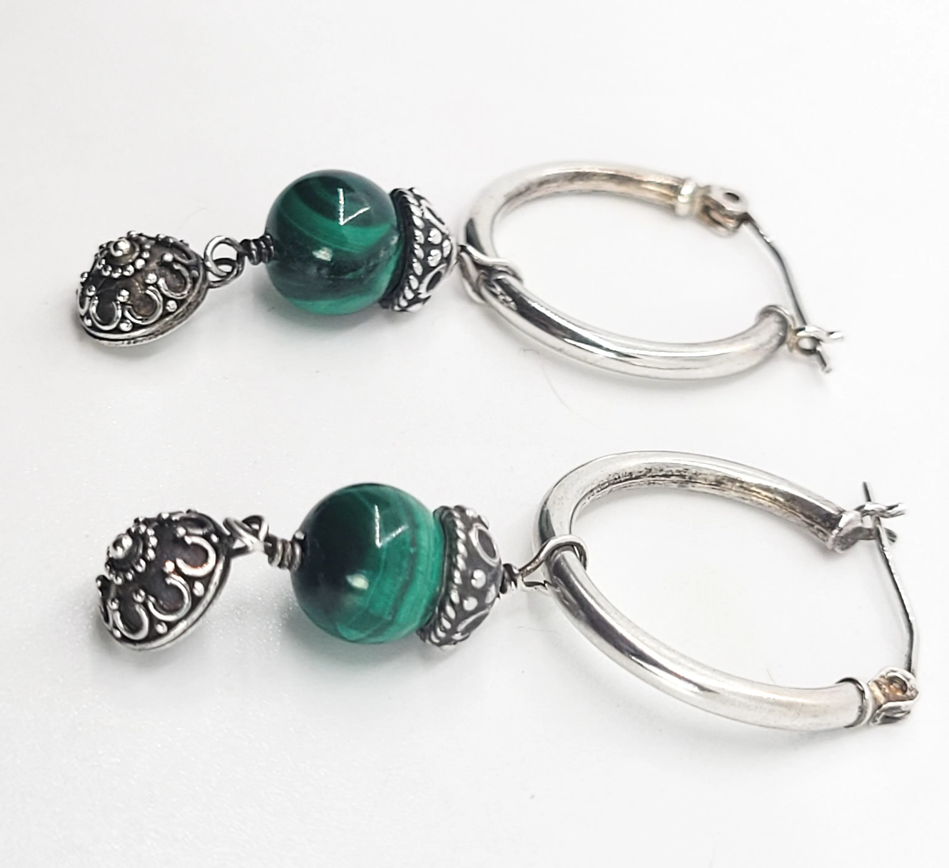 Malachite beaded vintage tribal Balinese sterling silver hoop earrings