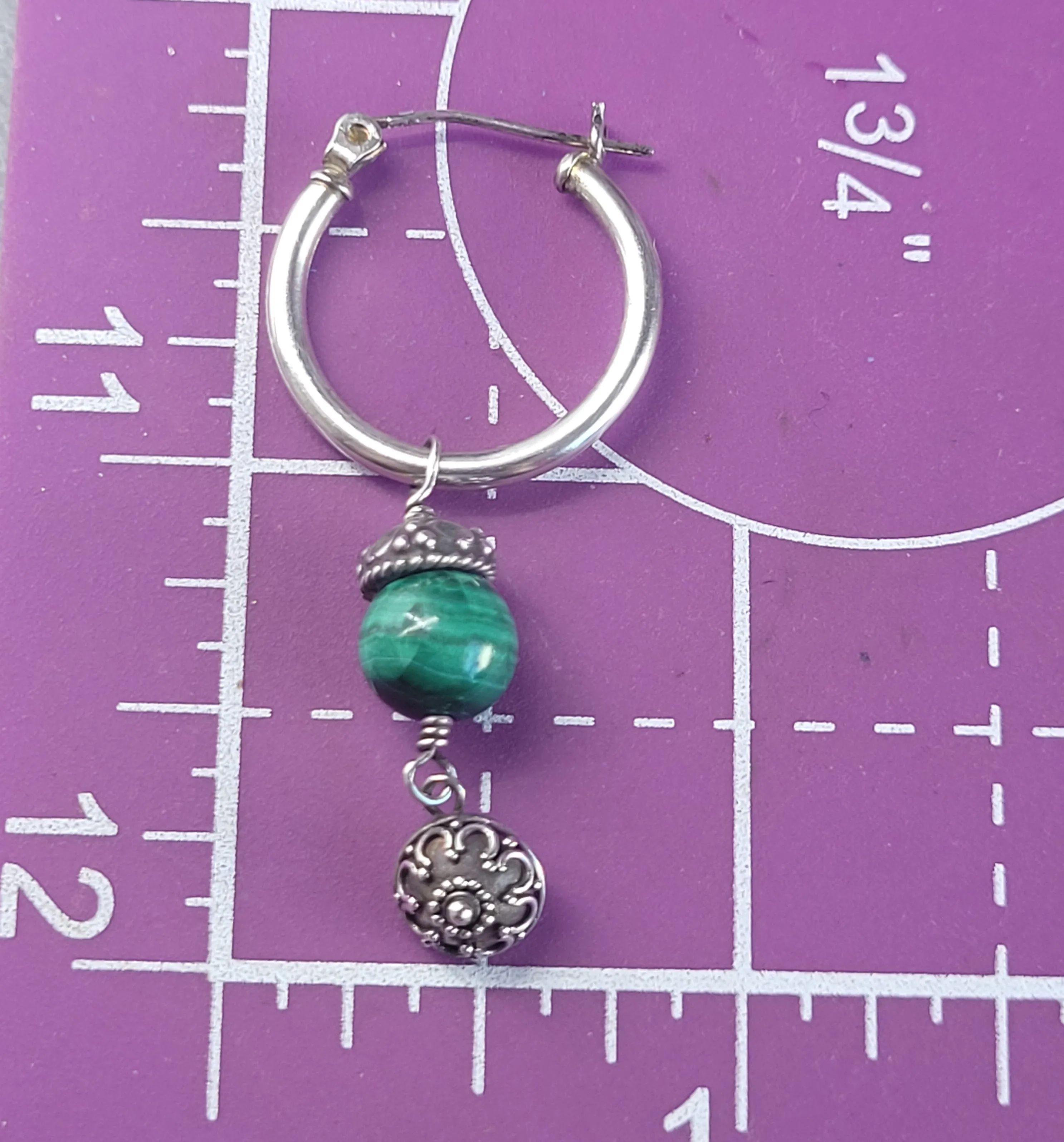 Malachite beaded vintage tribal Balinese sterling silver hoop earrings