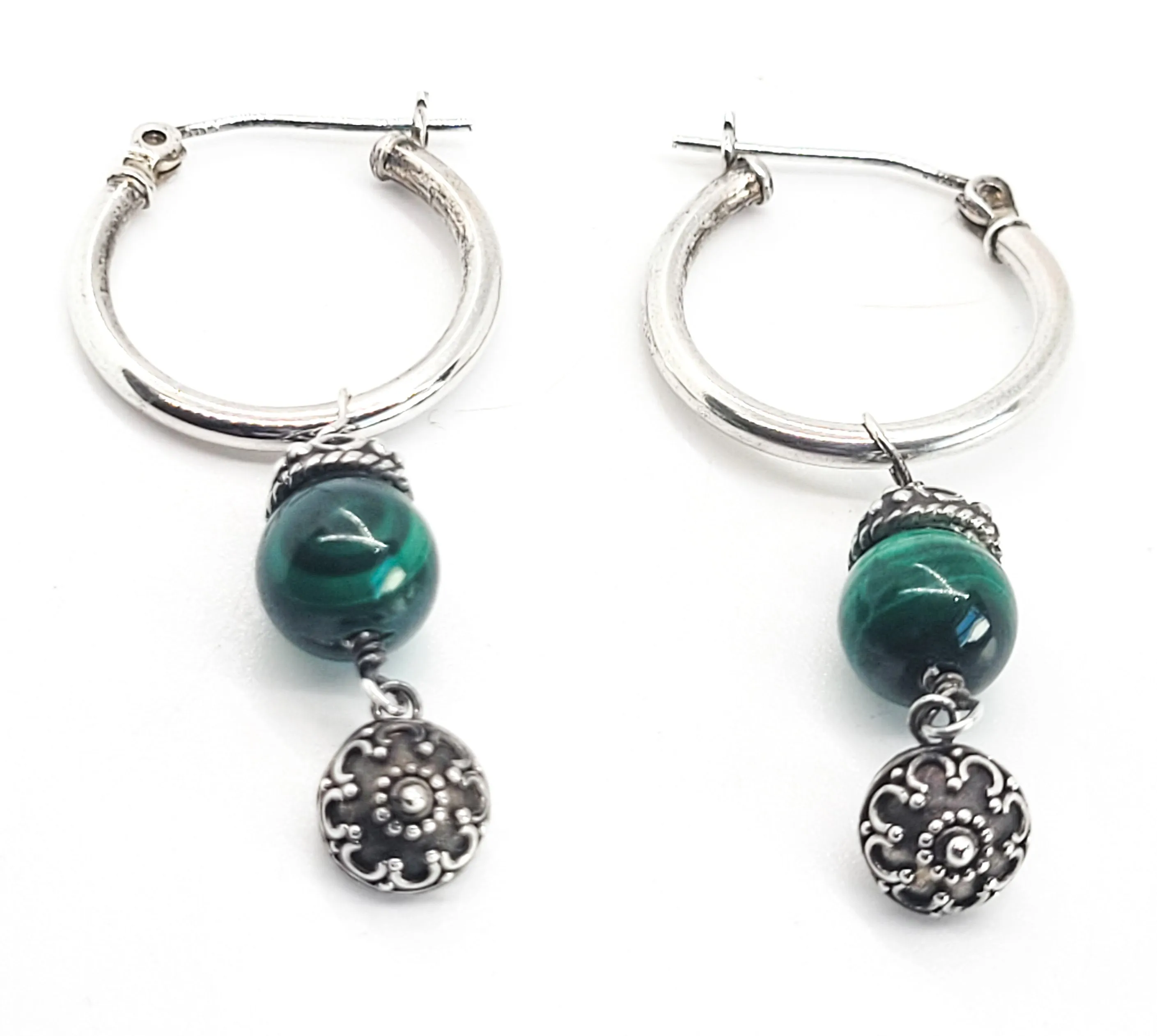 Malachite beaded vintage tribal Balinese sterling silver hoop earrings