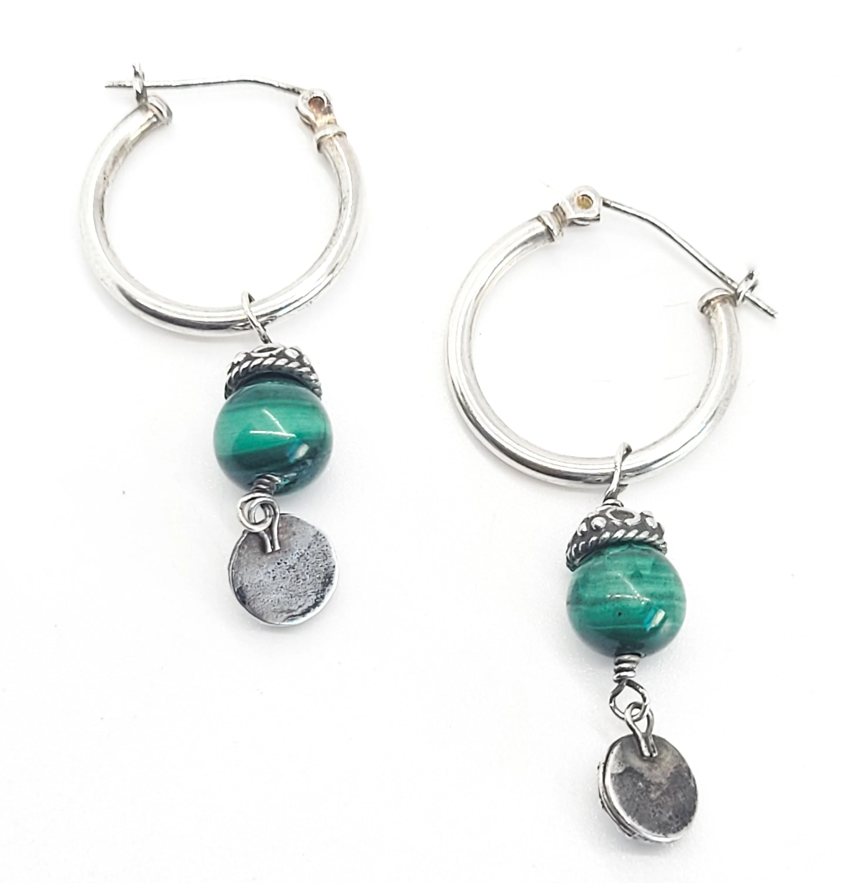 Malachite beaded vintage tribal Balinese sterling silver hoop earrings