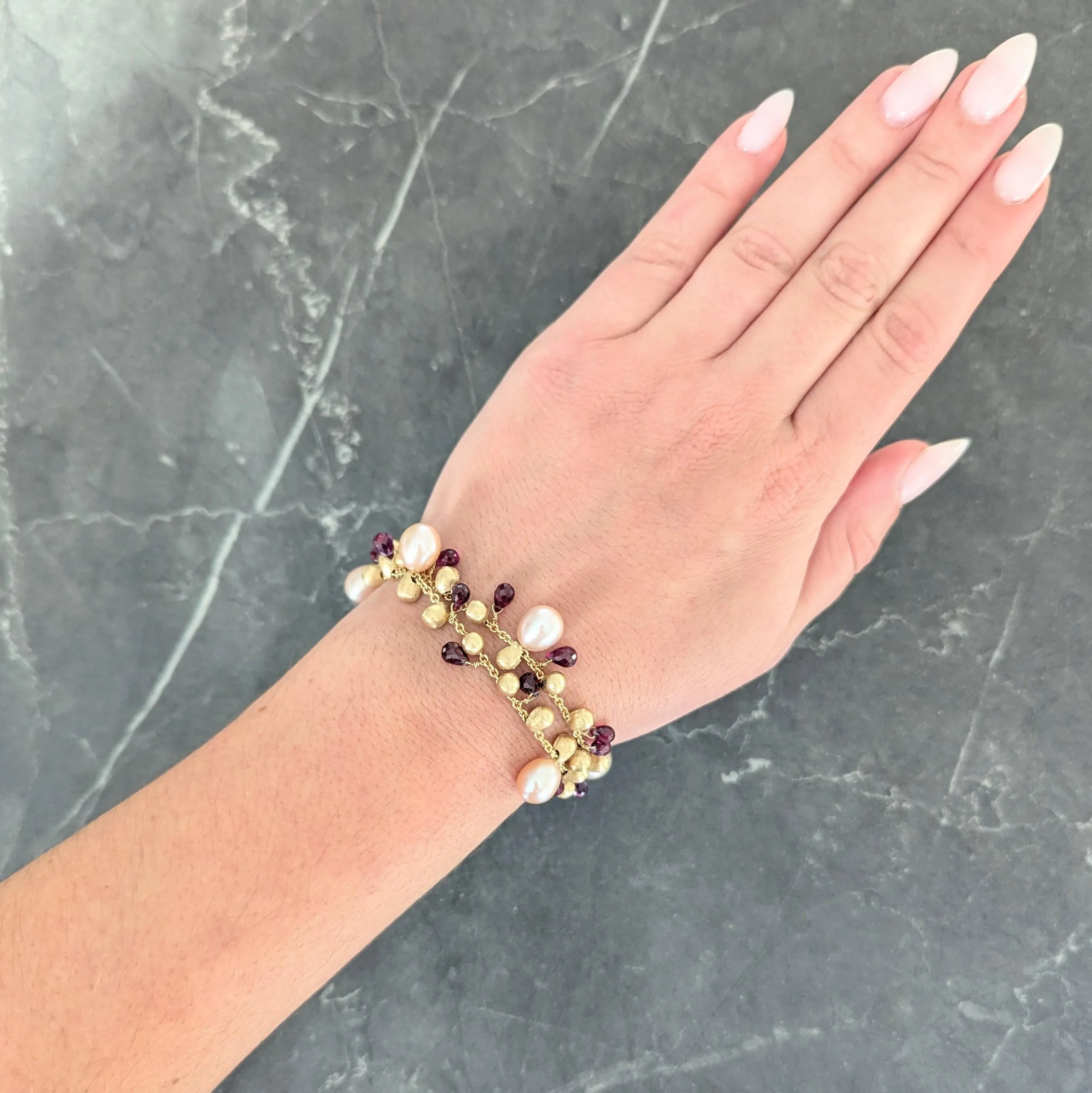 Marco Bicego Freshwater Pearl Garnet 18 Karat Yellow Gold Paradise Multi-Strand Bracelet