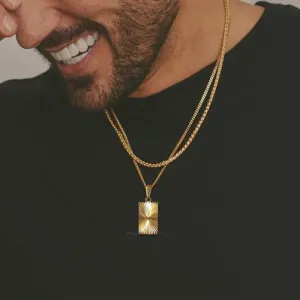 Men Necklace Gold Plated,Embossing Radiation Rectangle Pendant