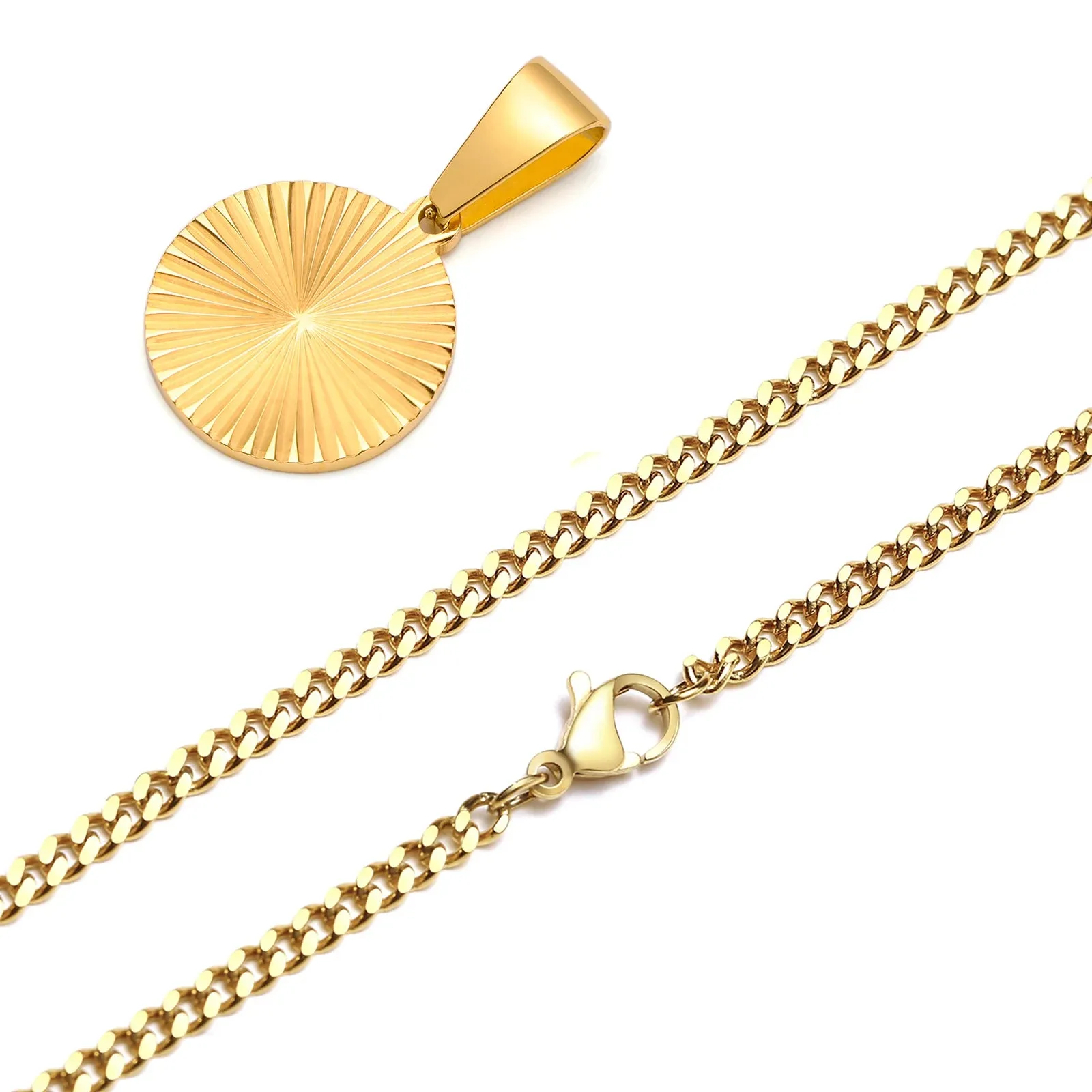 Men Necklace Gold Plated,Embossing Radiation Rectangle Pendant