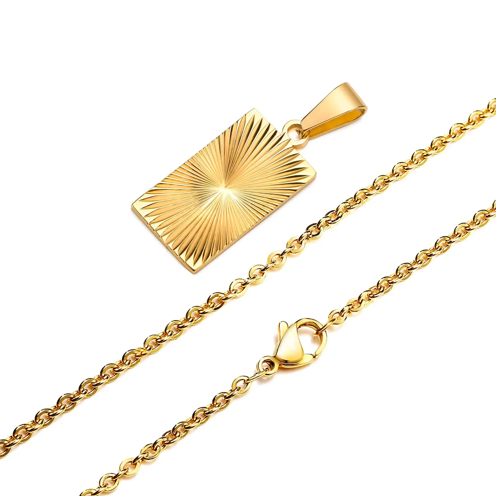 Men Necklace Gold Plated,Embossing Radiation Rectangle Pendant