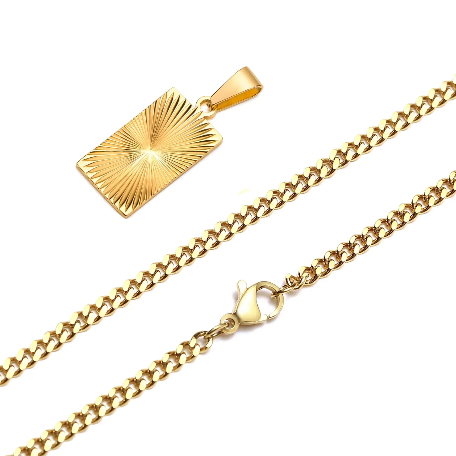 Men Necklace Gold Plated,Embossing Radiation Rectangle Pendant