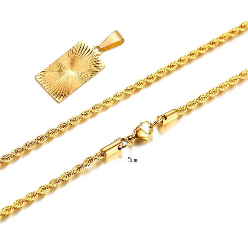 Men Necklace Gold Plated,Embossing Radiation Rectangle Pendant