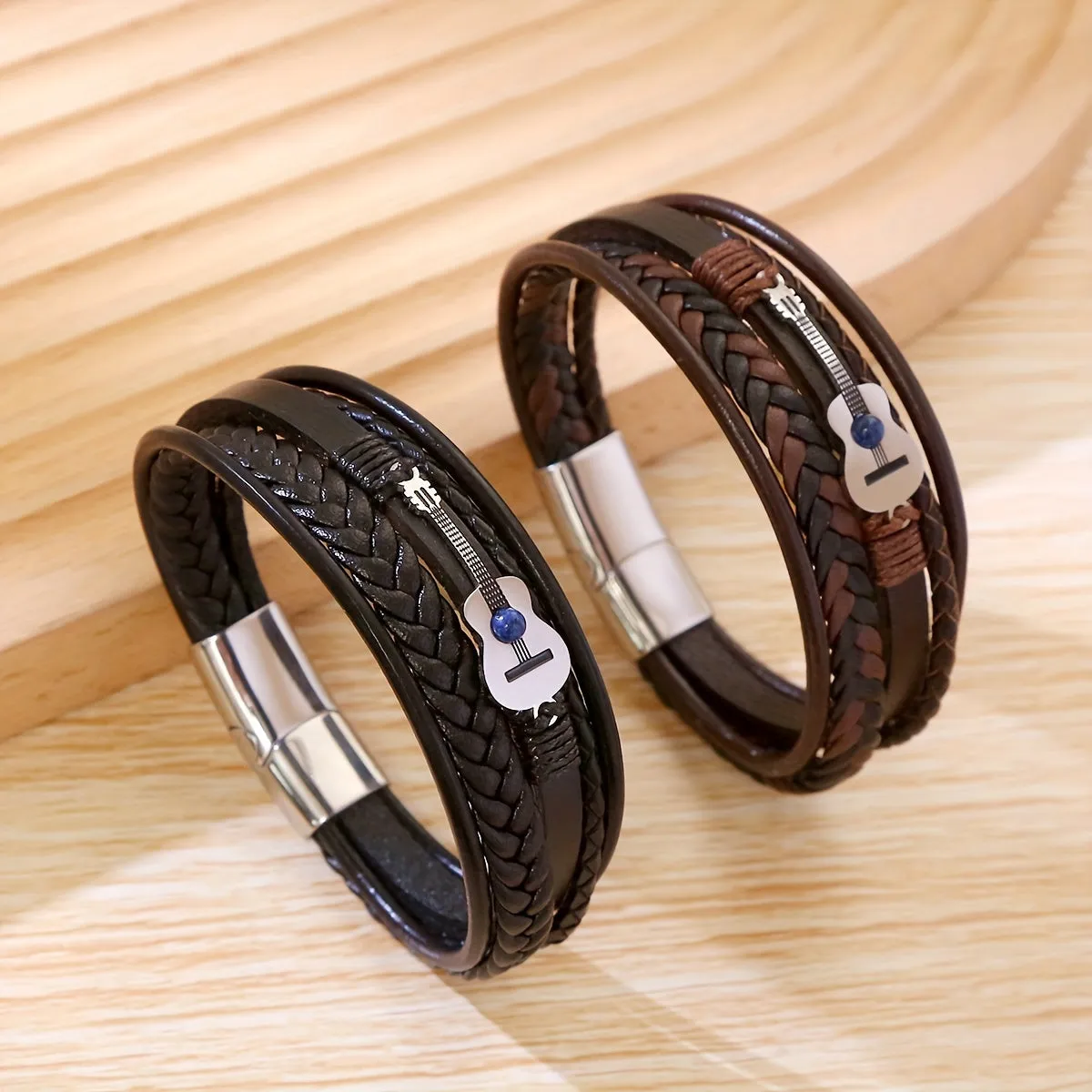 Men's Guitar Braided Faux Leather Bracelet Unisex Adjustable Band