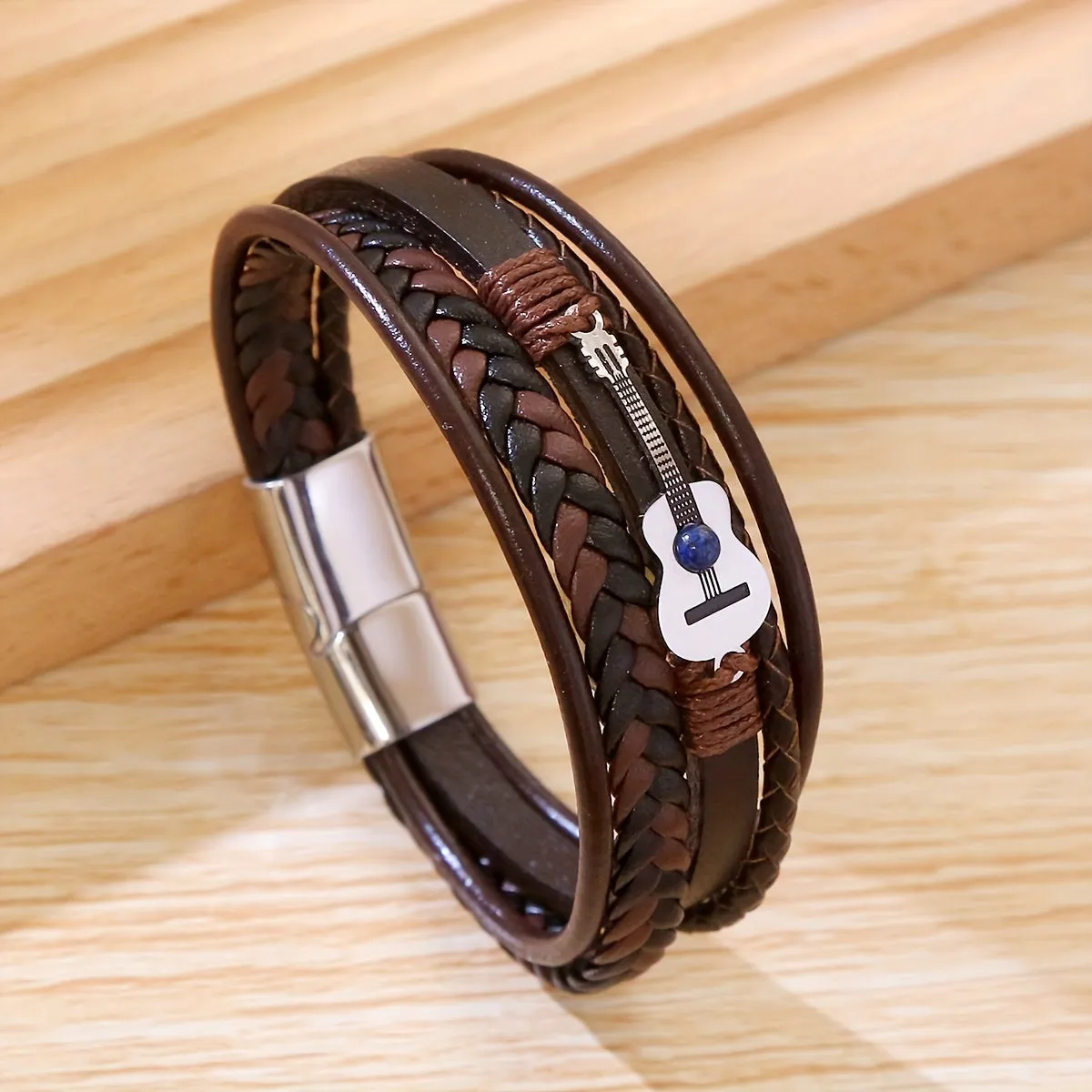 Men's Guitar Braided Faux Leather Bracelet Unisex Adjustable Band