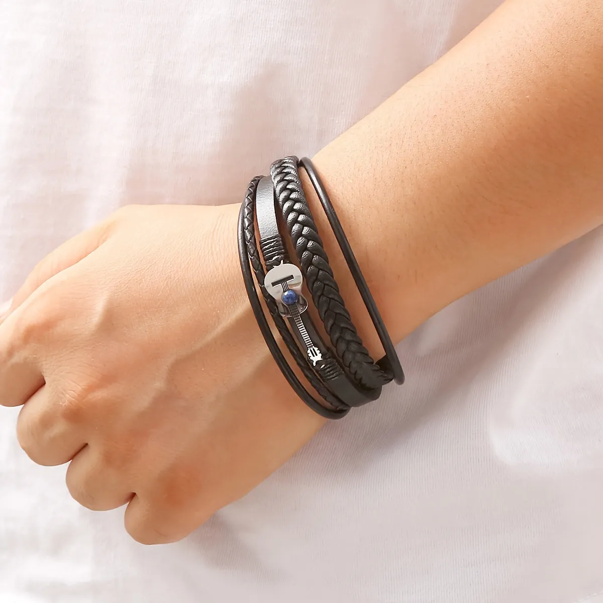 Men's Guitar Braided Faux Leather Bracelet Unisex Adjustable Band