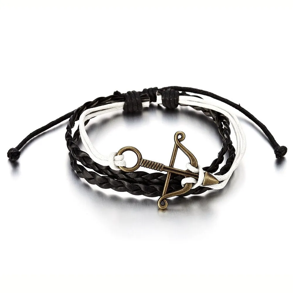 Mens Womens Bow and Arrow Black White Leather Cotton Wrap Bracelet Wristband