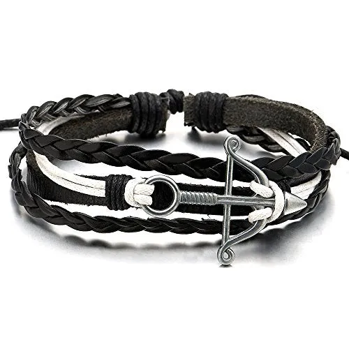 Mens Womens Bow and Arrow Black White Leather Cotton Wrap Bracelet Wristband