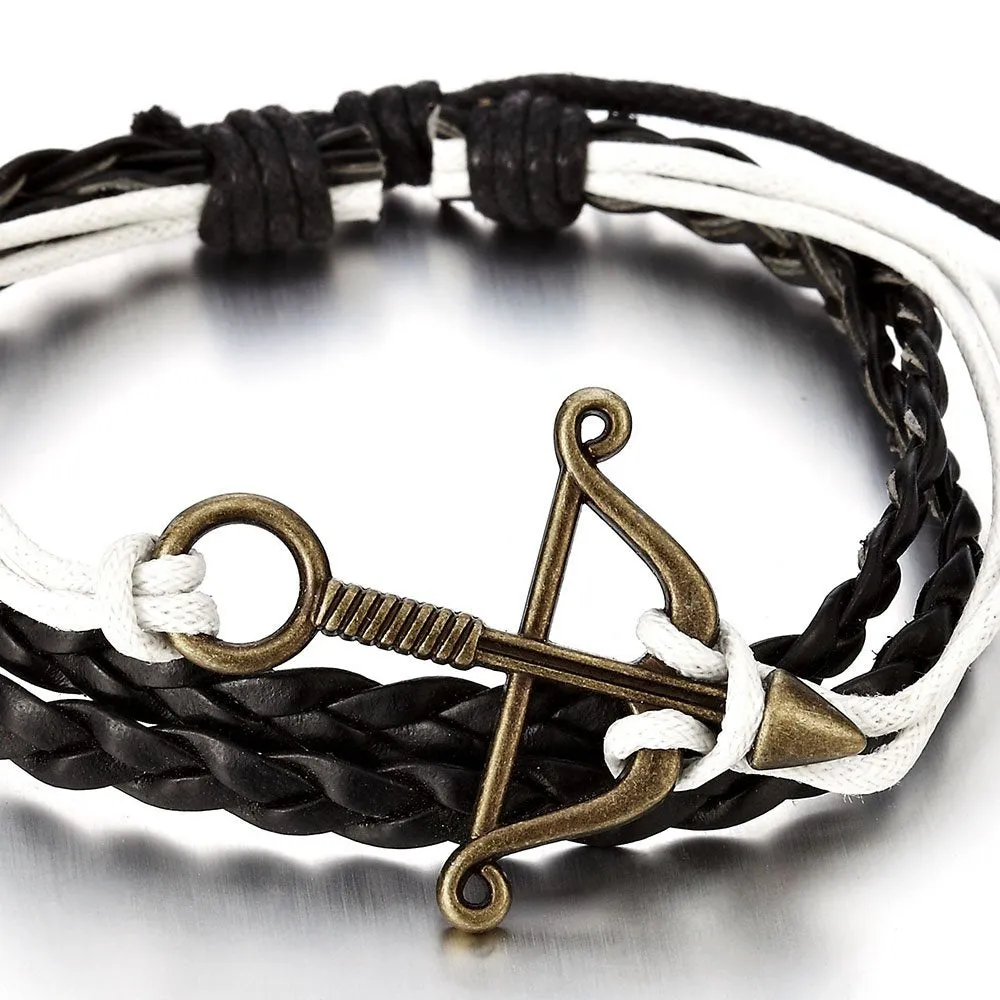 Mens Womens Bow and Arrow Black White Leather Cotton Wrap Bracelet Wristband