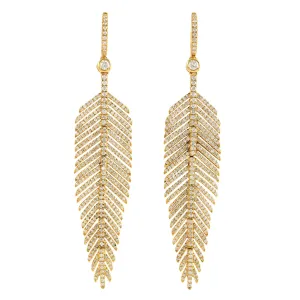 Micro Pave Diamond Leaf Design Chandelier Earrings In 14k Yellow Gold