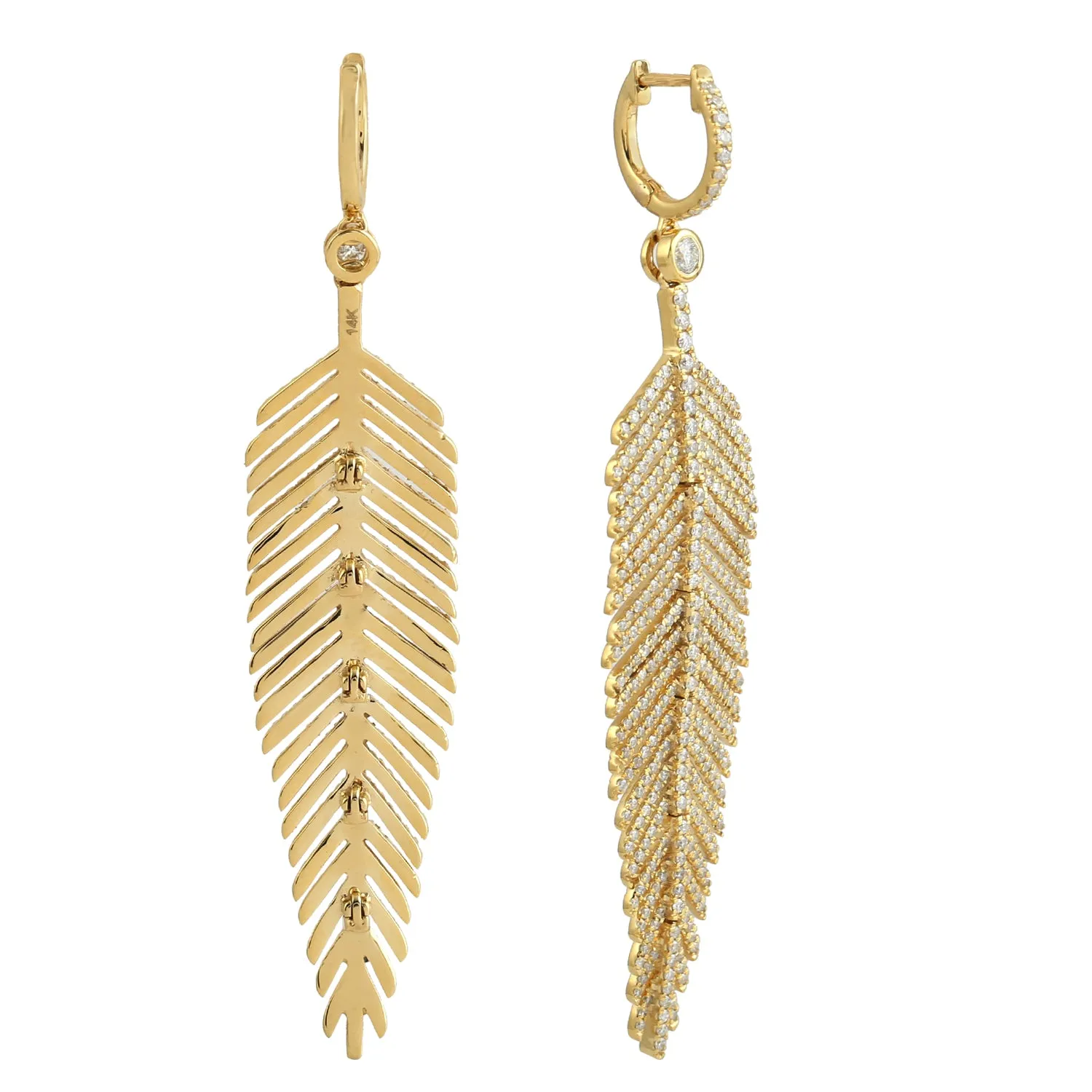Micro Pave Diamond Leaf Design Chandelier Earrings In 14k Yellow Gold