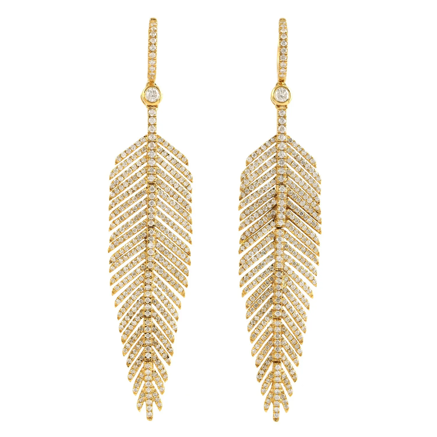 Micro Pave Diamond Leaf Design Chandelier Earrings In 14k Yellow Gold