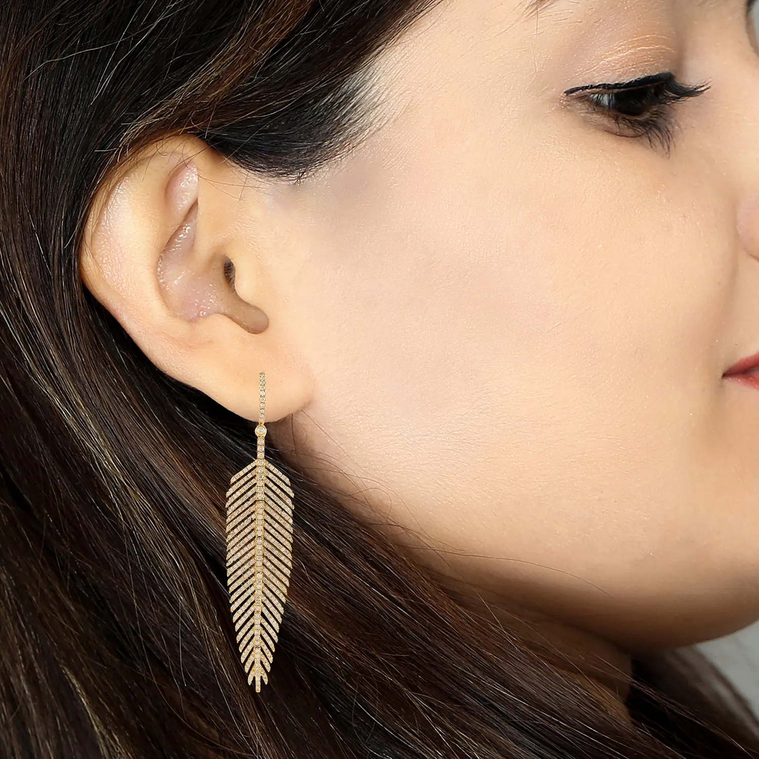 Micro Pave Diamond Leaf Design Chandelier Earrings In 14k Yellow Gold