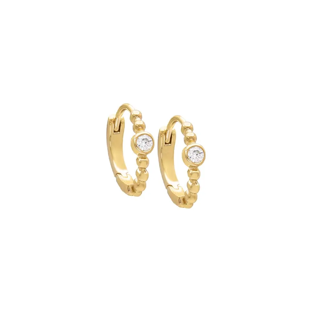Mini Bezel Beaded Huggie Earring 14K