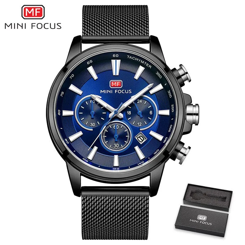 MINI FOCUS Men&#39;s Chronograph Wrist Watch Sport Stainless Steel Quartz Analog Watch Man Business Watches Mens Relogio Masculino