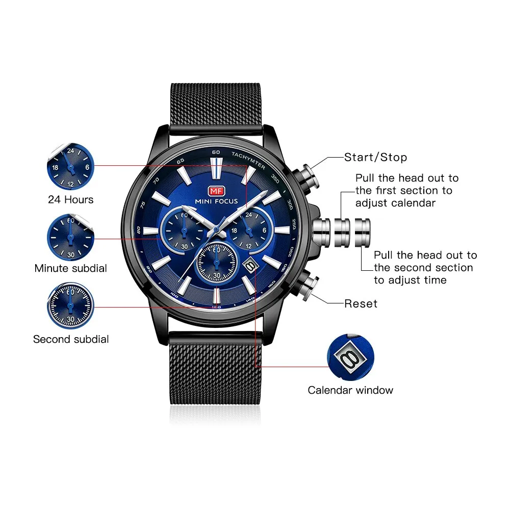 MINI FOCUS Men&#39;s Chronograph Wrist Watch Sport Stainless Steel Quartz Analog Watch Man Business Watches Mens Relogio Masculino