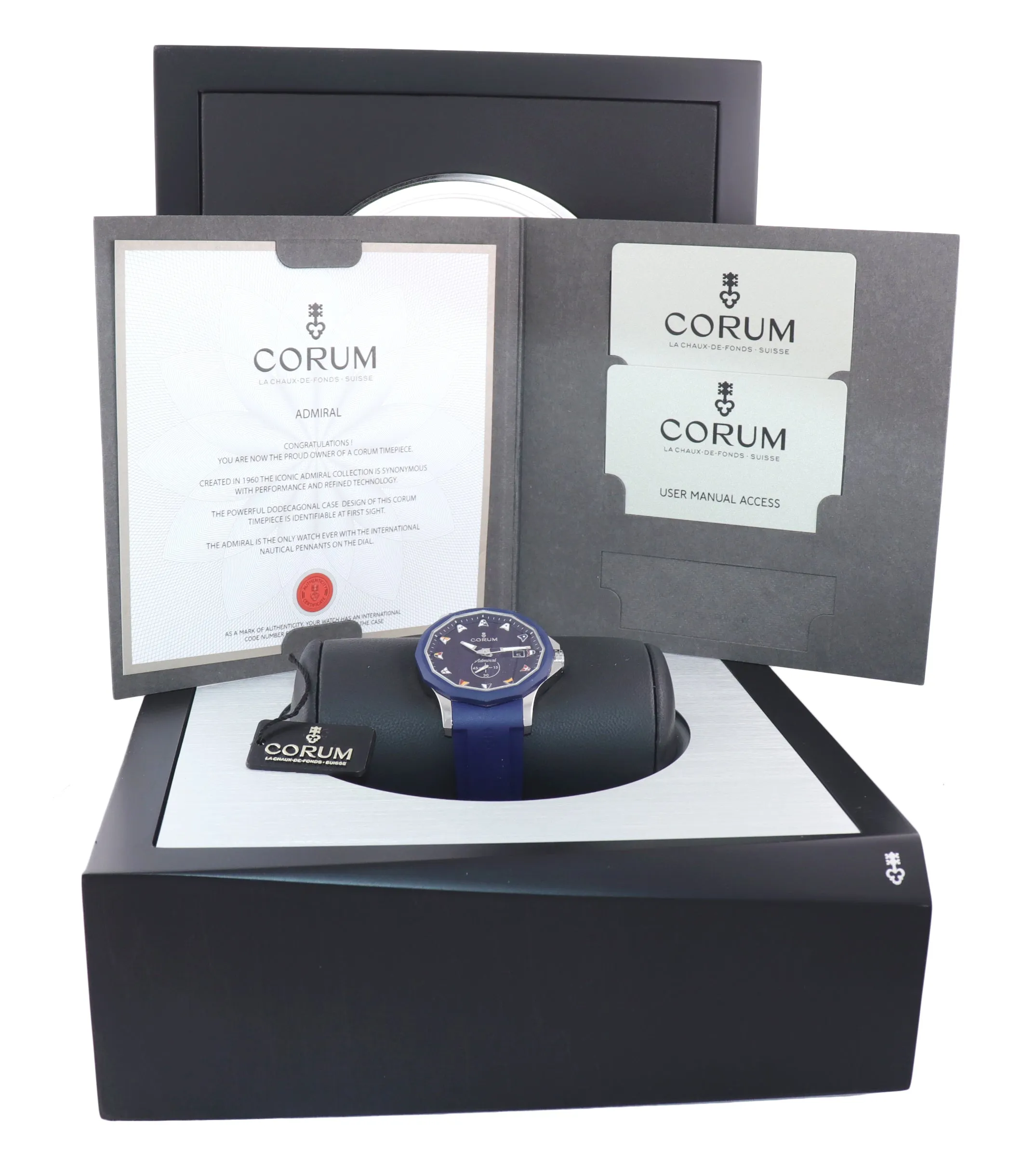 MINT Corum Admiral's Cup Legend 42 Automatic Blue 01.0090 Steel Watch Box Papers