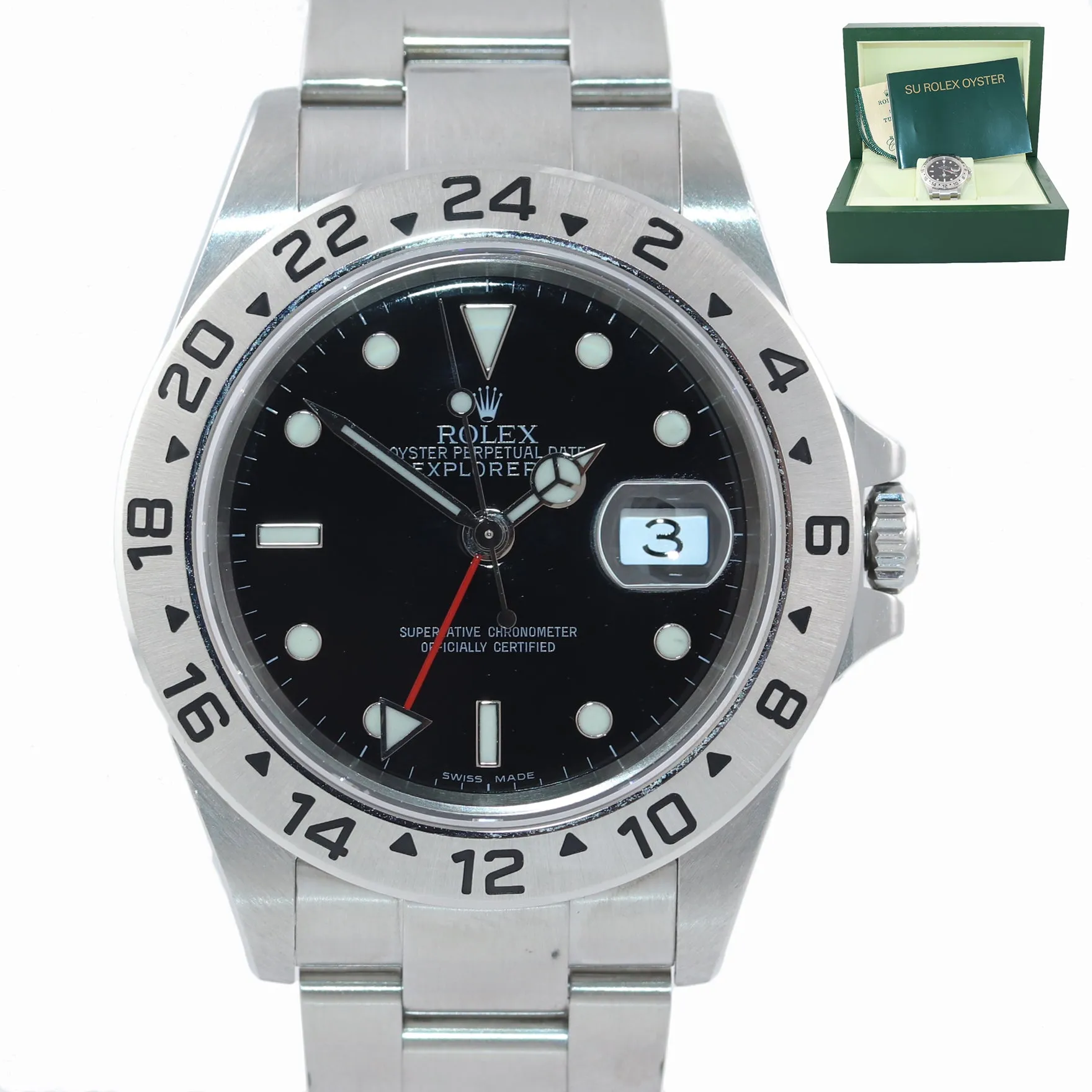MINT NO HOLES Rolex Explorer II 16570 Stainless Steel Black Date GMT 40mm Watch