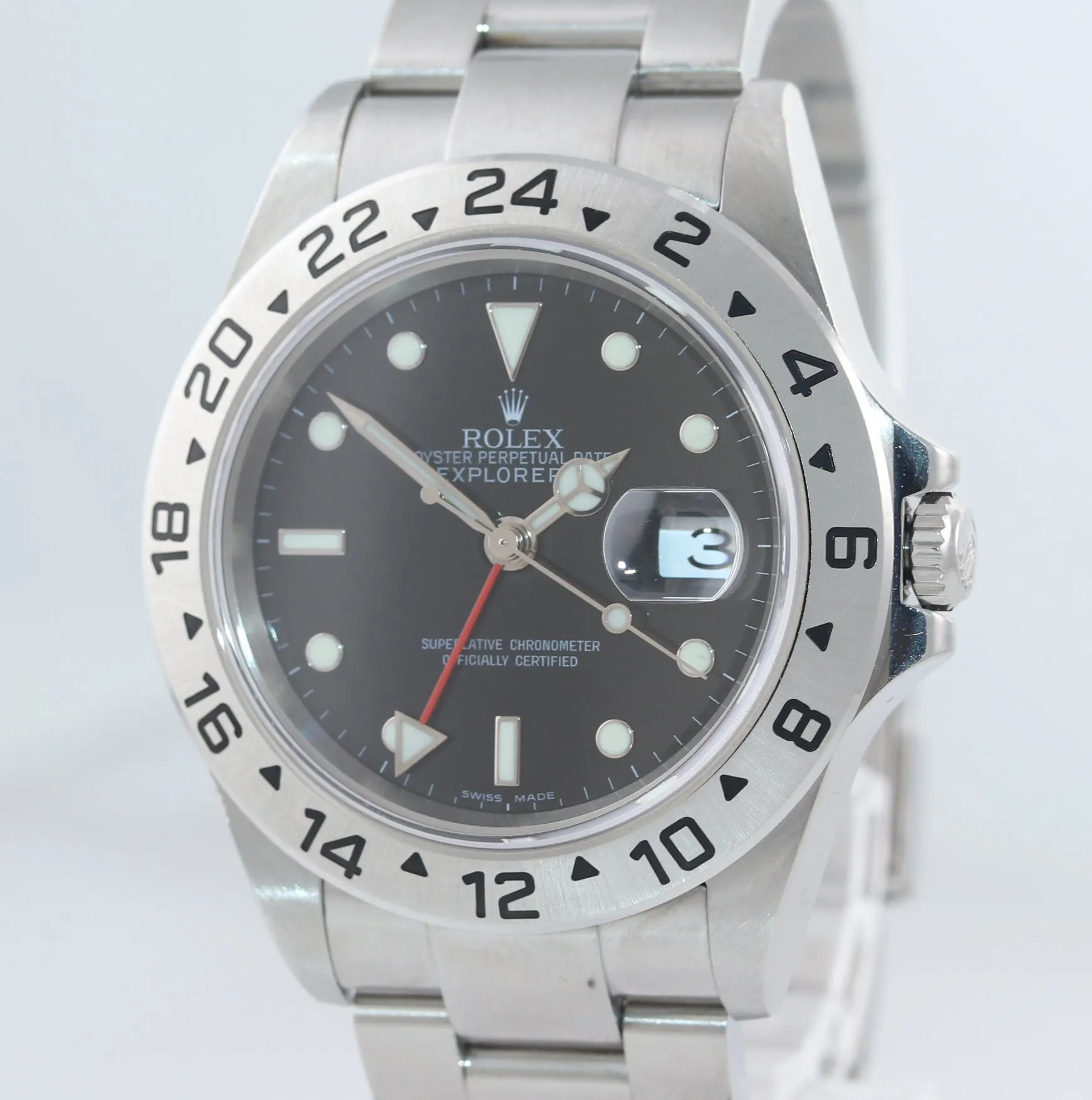 MINT NO HOLES Rolex Explorer II 16570 Stainless Steel Black Date GMT 40mm Watch